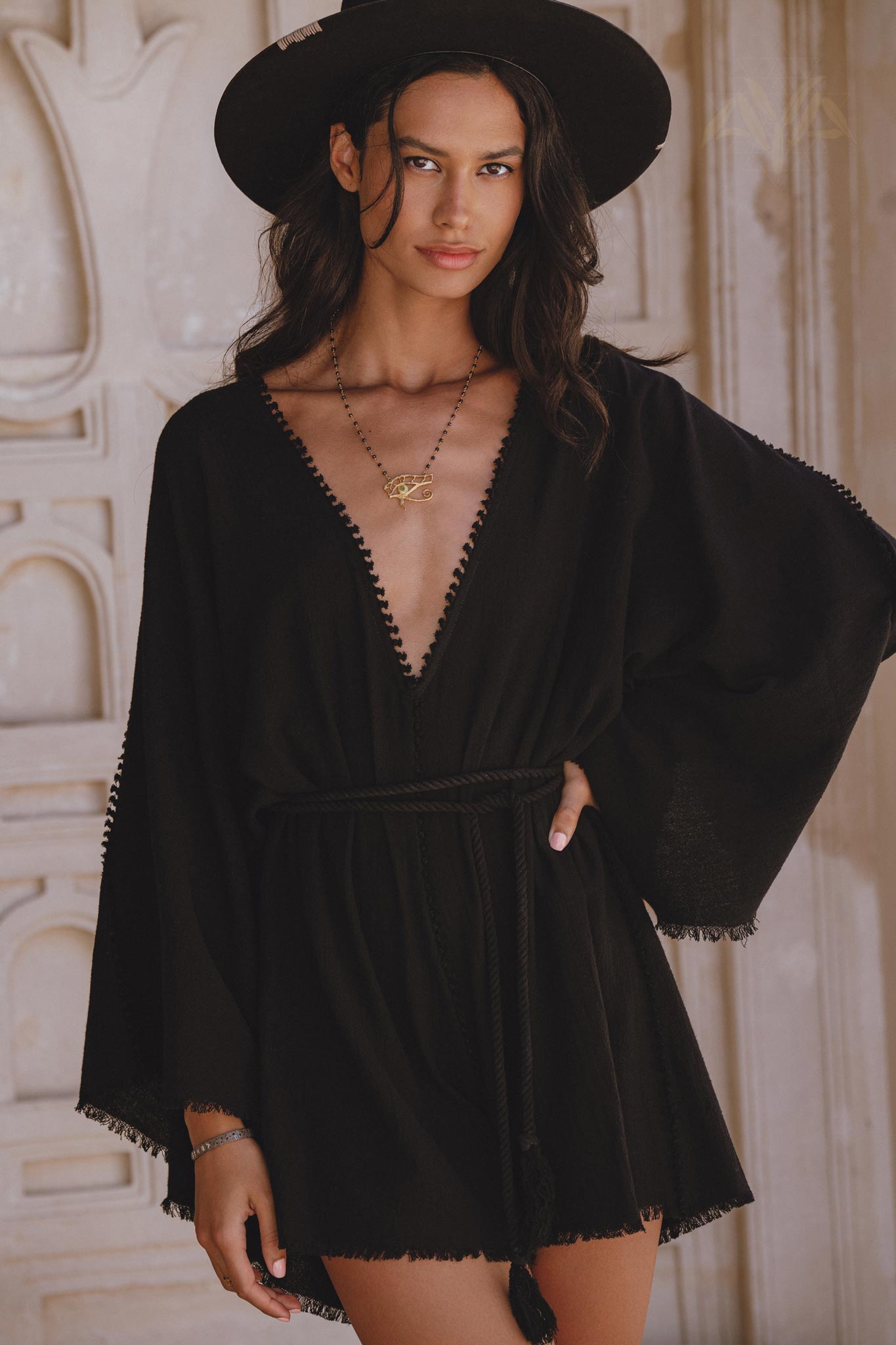 Black Bohemian Beach Romper – Elegant Asymmetrical Design, Made from Homespun Raw Cotton for Comfort and Style.