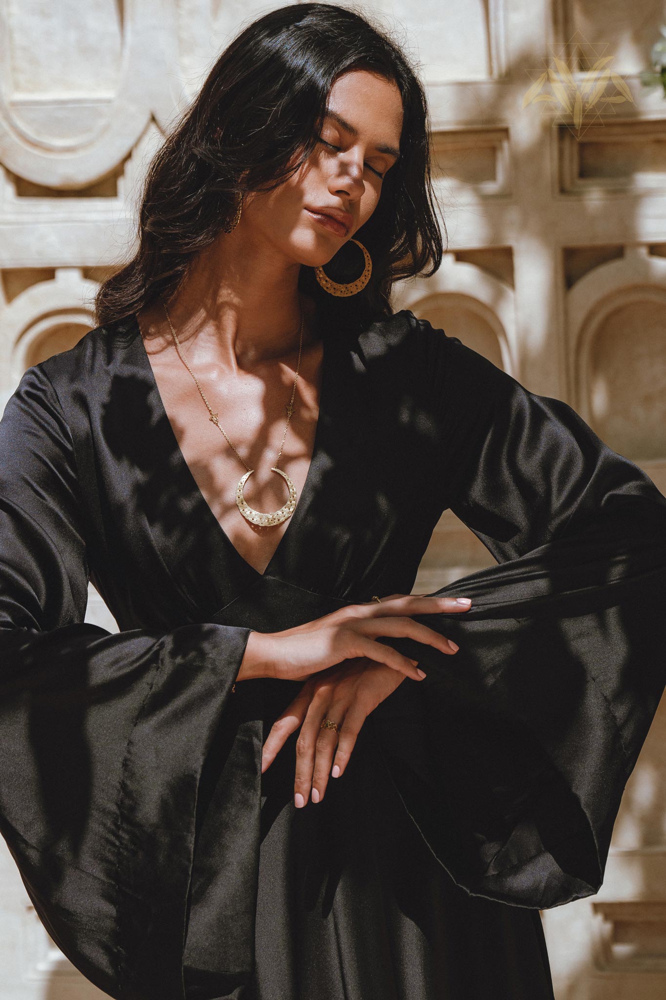 Soft, Airy Peace Silk Evening Cocktail Dress: Features bell sleeves, an empress waist design, and an effortlessly flattering fit.