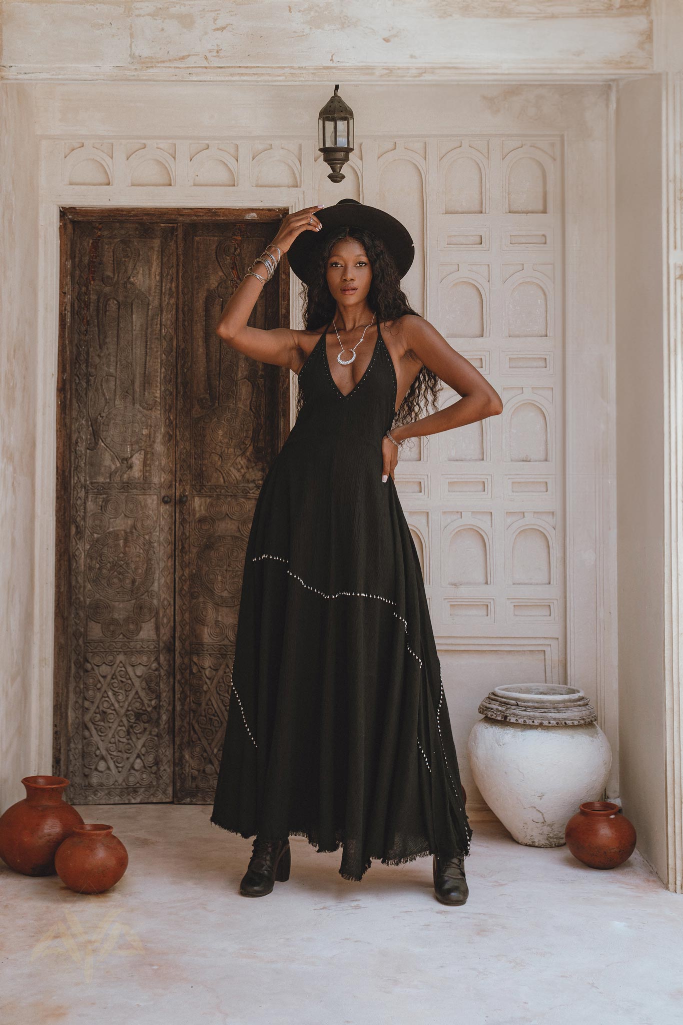 Summer Boho Hippie Dress with Open Shoulders - Handwoven Cotton with Bells and Hand Embroidery, Inspired by Indian Woman Culture