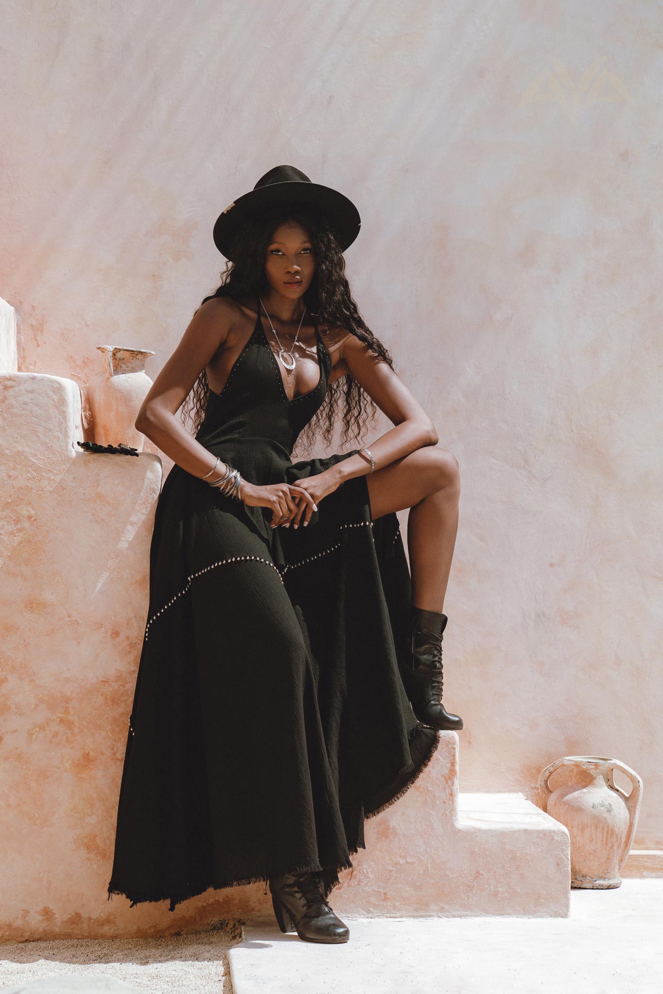 Greek Gothic Black Goddess Dress with Boho Touch - Hand-Embroidered Bust, Bells Throughout, Designed for Elegance and Grace