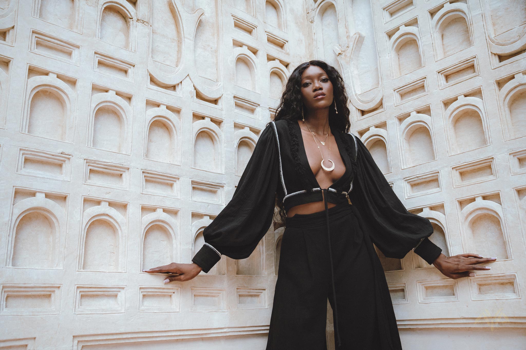 Black Boho Tassels Crop Top - Handcrafted Puff Sleeves Kimono Jacket with Organic Feel, made from Structured Linen and Light Mixed Cotton Sleeves.