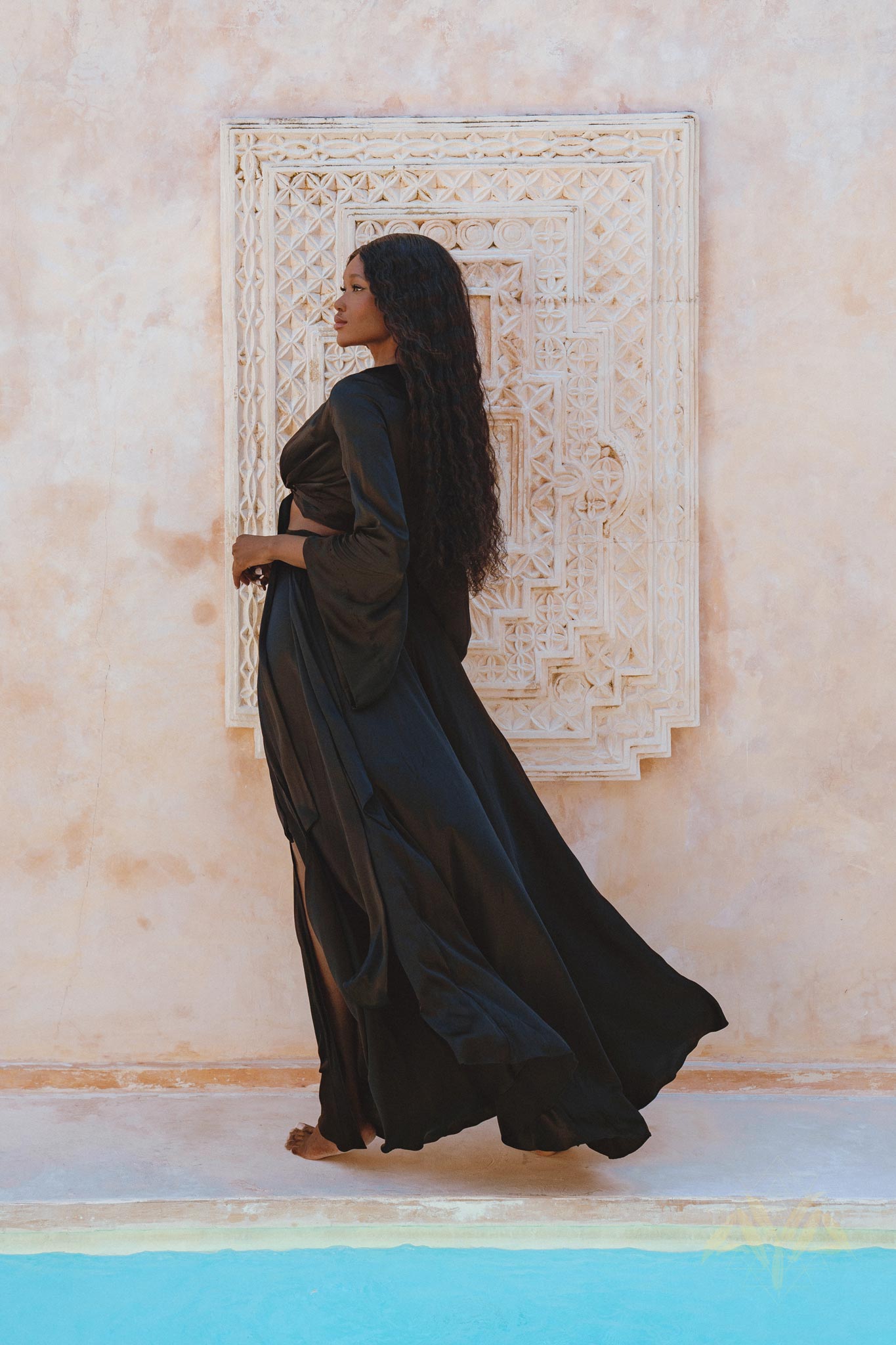 Sexy Goddess Top in Black Silk - Kimono Blouse with Bell Sleeves, Adjustable Bohemian Wrap Cover Up for Women.