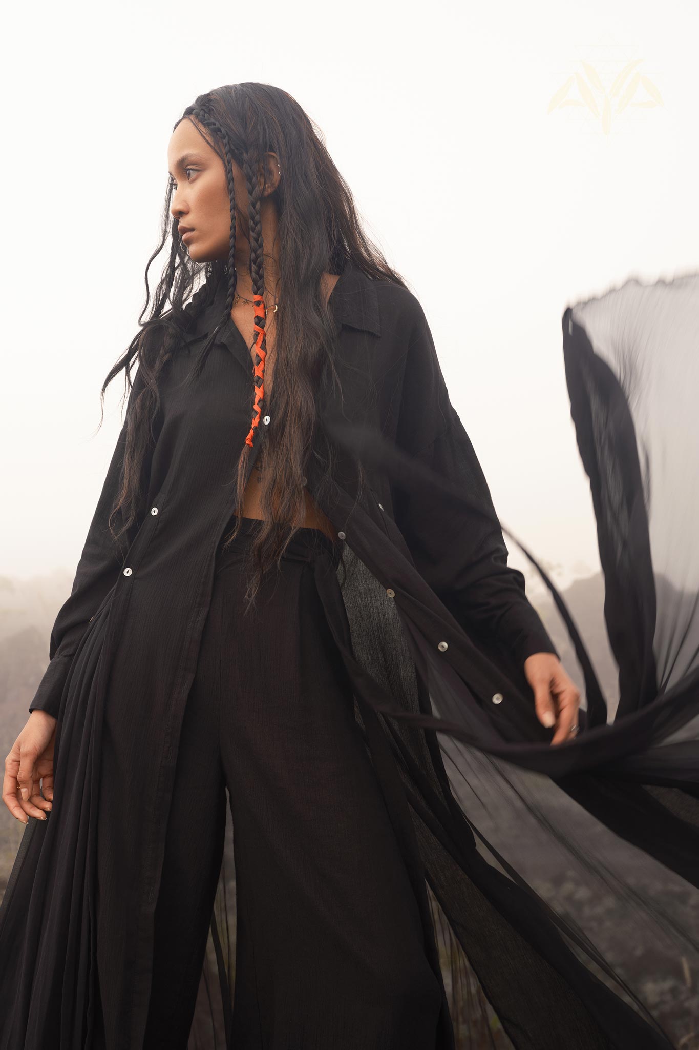 Black Gothic cover-up dress - a flowing silhouette with adjustable buttons of shells.