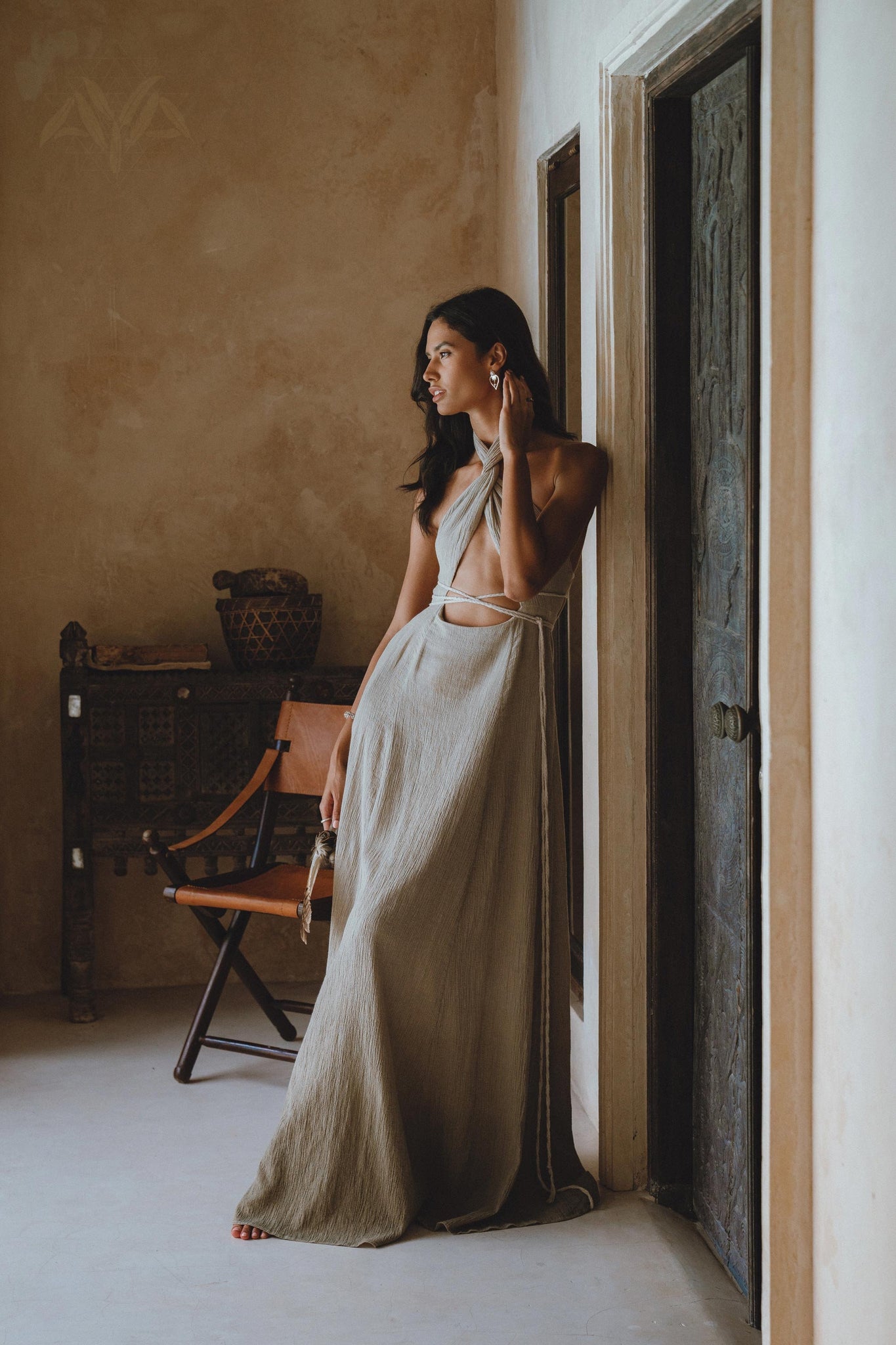 Stunning sage green adjustable dress featuring Greek Goddess style, eco-dyed for a unique shade and zero harm to nature.