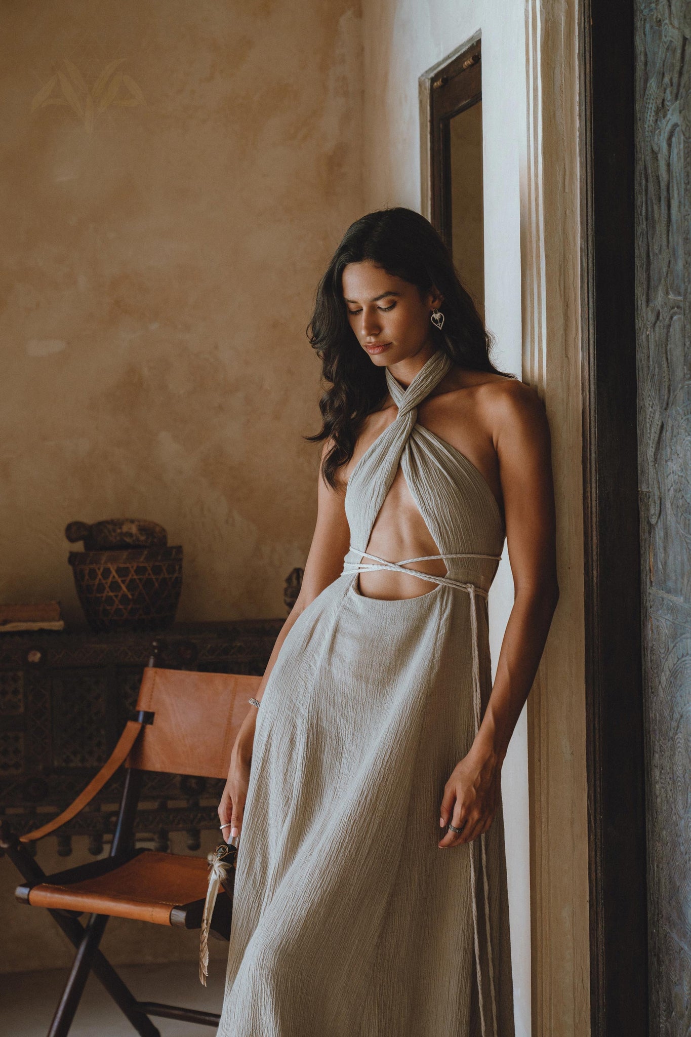 Unique Sage Bohemian Adjustable Back Dress, showcasing a blend of organic Linen and Cotton with eco-friendly dye process.