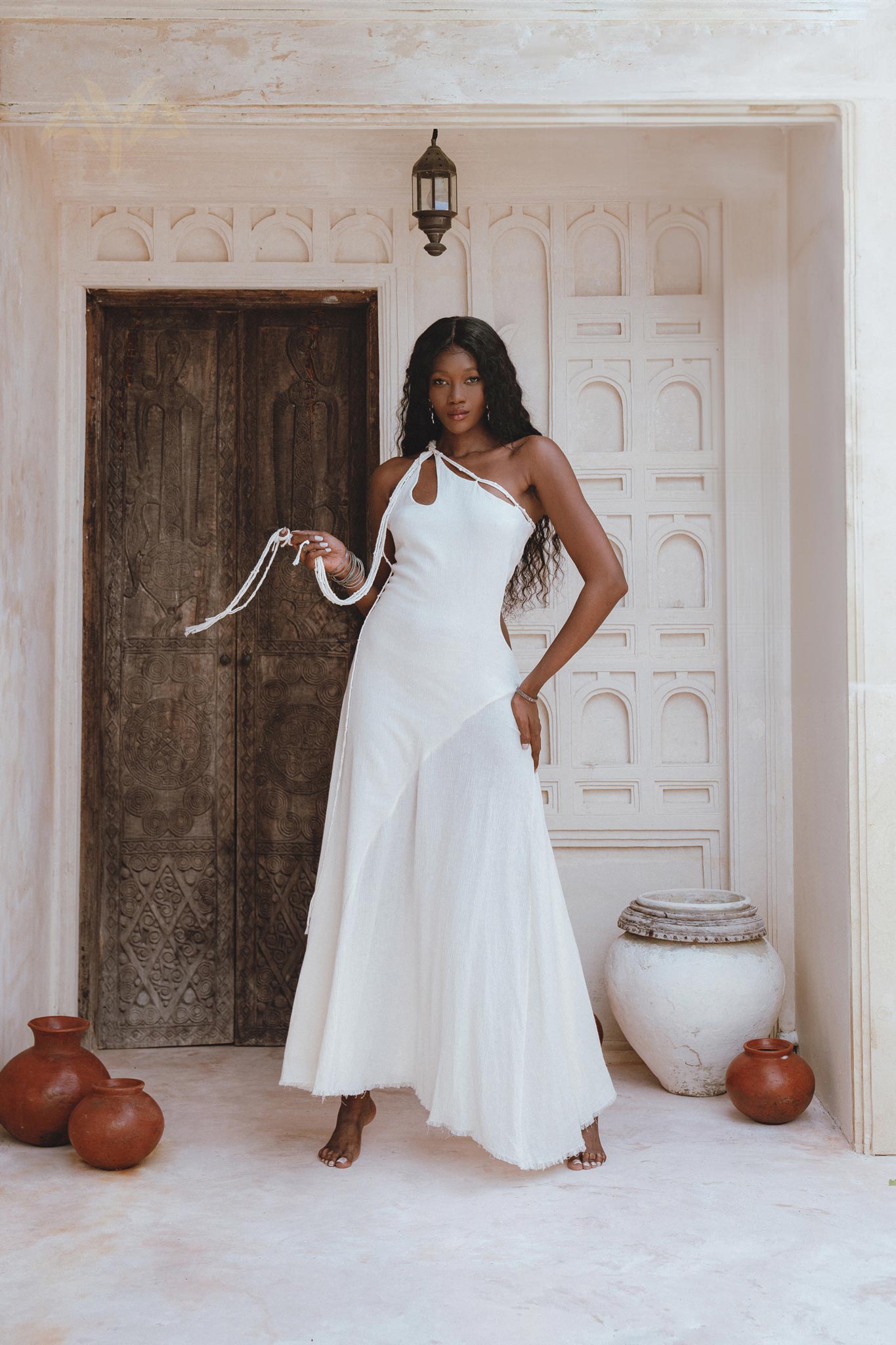 Unique One Shoulder Maxi Dress - Boho Greek Goddess Inspired with Open Side, Organic Handwoven Cotton, Adjustable Macrame Straps.