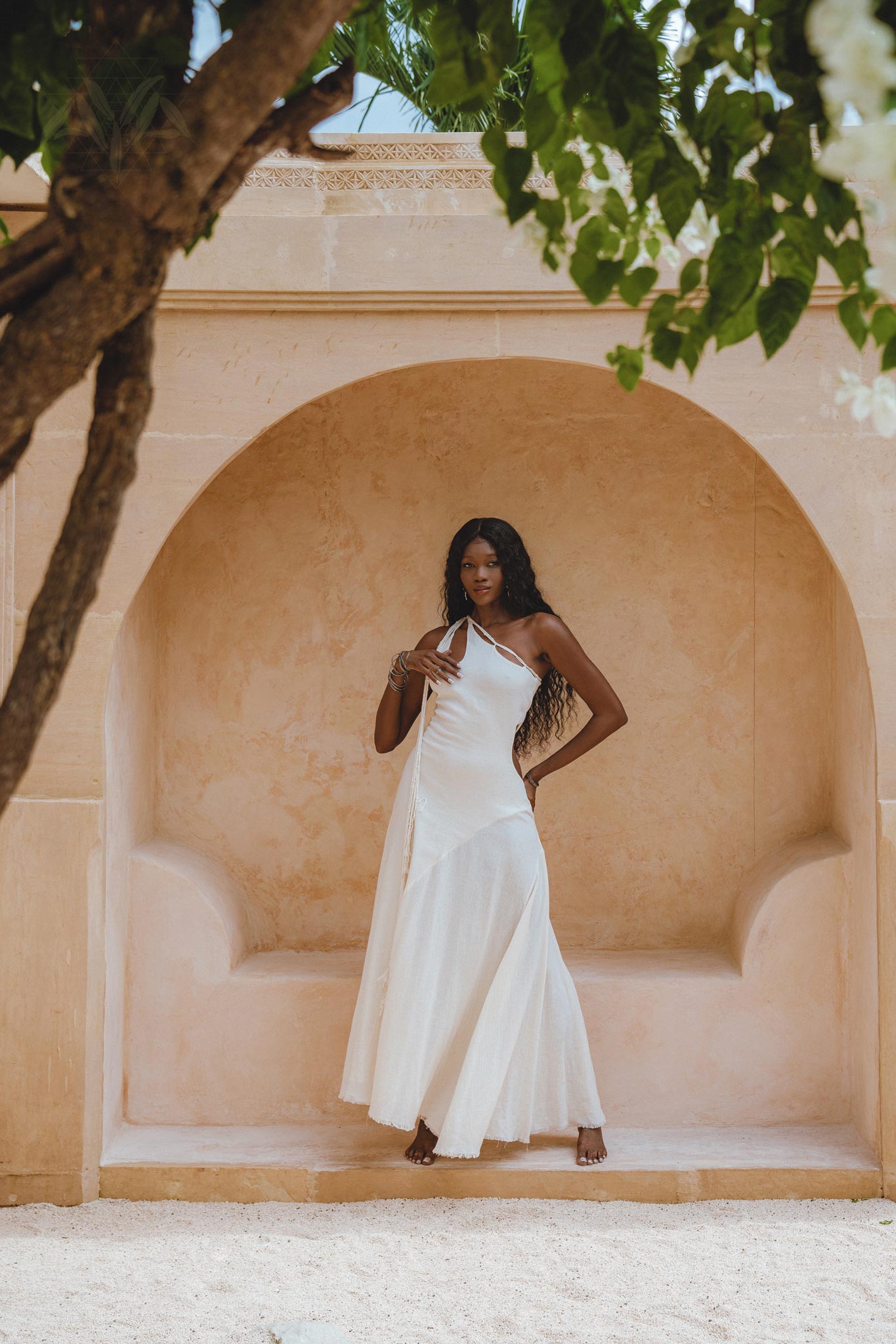 Greek Goddess Inspired One Shoulder Maxi Dress - Organic Handwoven Cotton with Unique Botanical Dyes, Adjustable Macrame Detail.