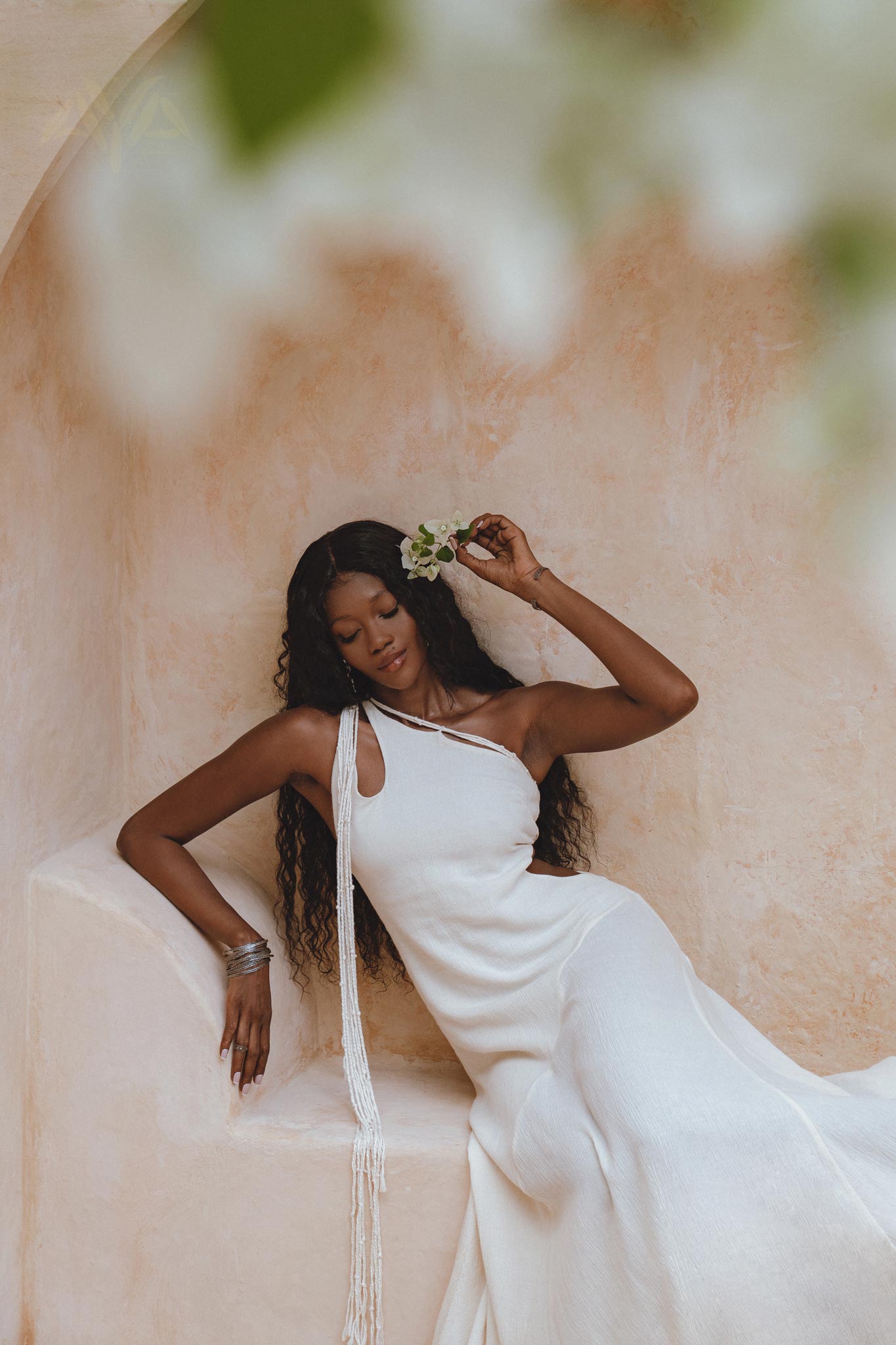 Sexy Asymmetrical Bridal Dress in Off White - Open Side with Adjustable Macrame Shoulder Strap, Handwoven Organic Cotton Fabric.