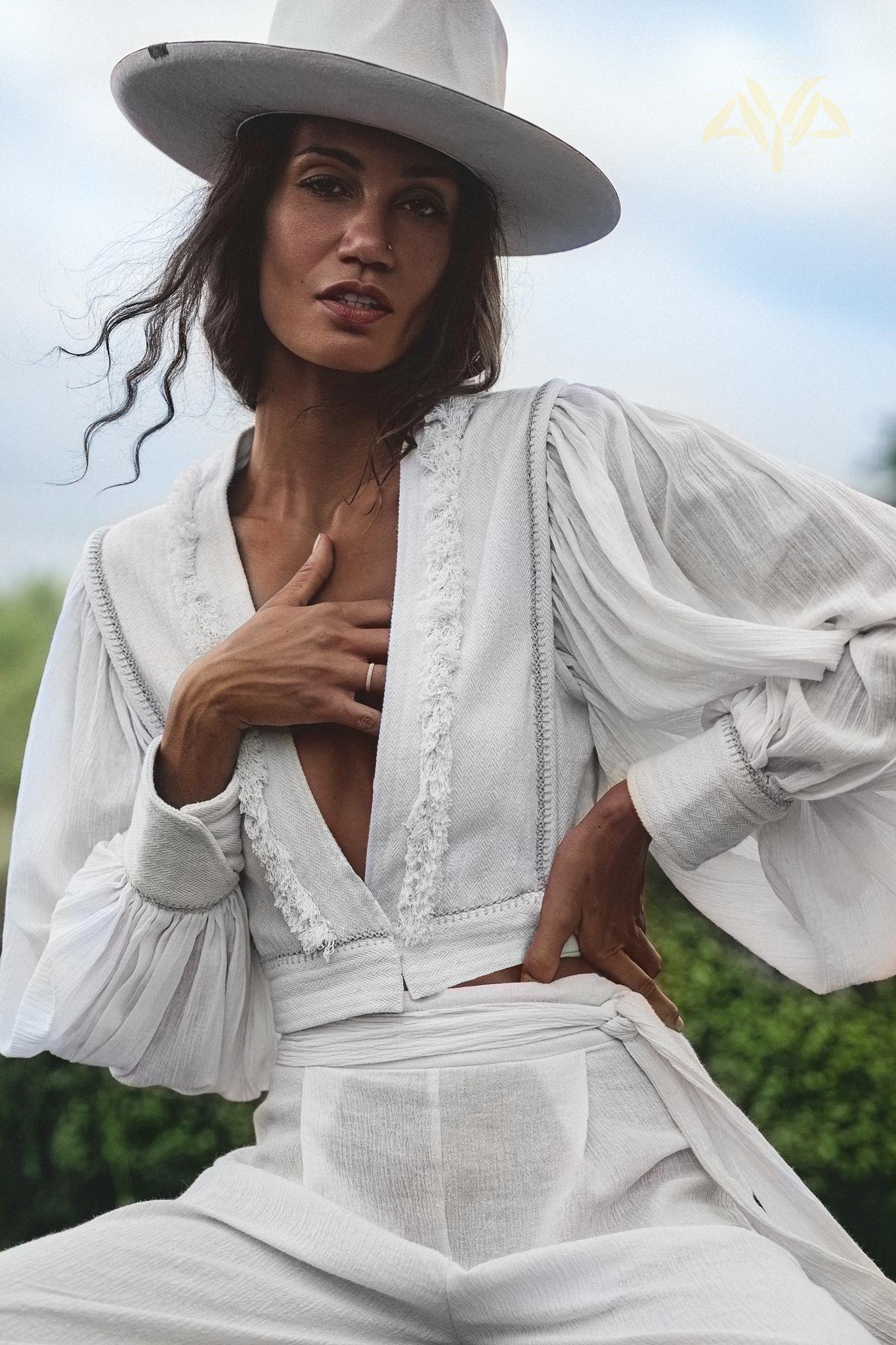 Organic Tropical Top with Off White Puff Sleeves and Boho Tassels - Bohemian Adjustable Jacket featuring Hand Embroidered Blouse