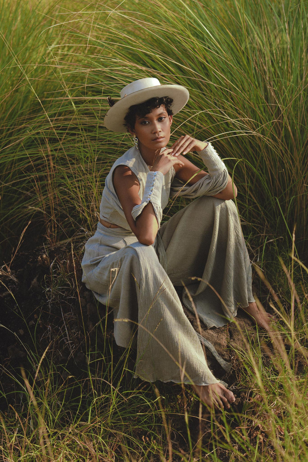 Transform your look with the perfect organic boho look from Aya Sacred Wear's Powder Blue Top and Trousers for women.