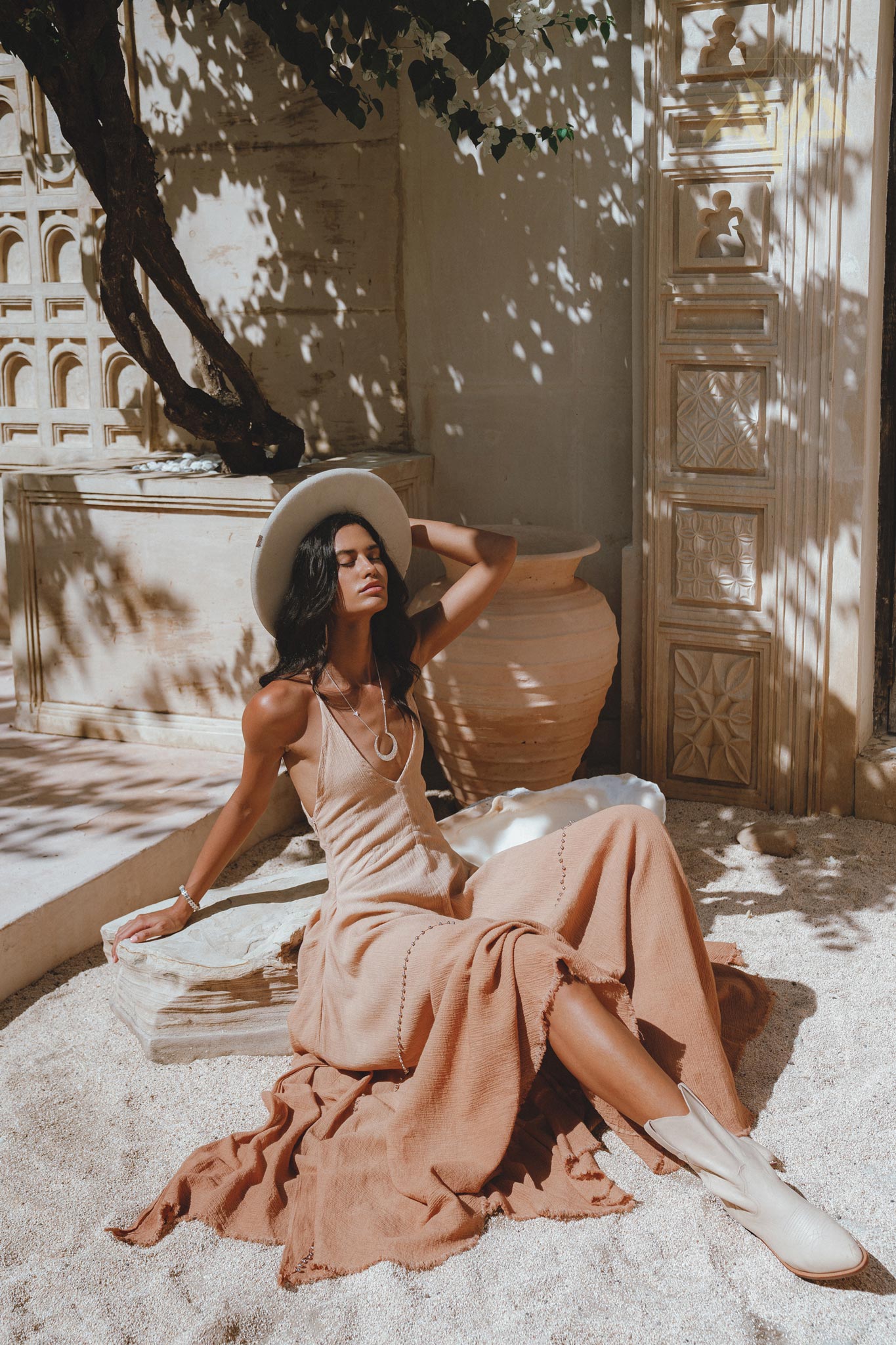 Bohemian Casual Bridesmaid Dress – Open Shoulder with Lovely Bells for Soft Sound – Light to Dark Dusty Pink Ombré Effect.