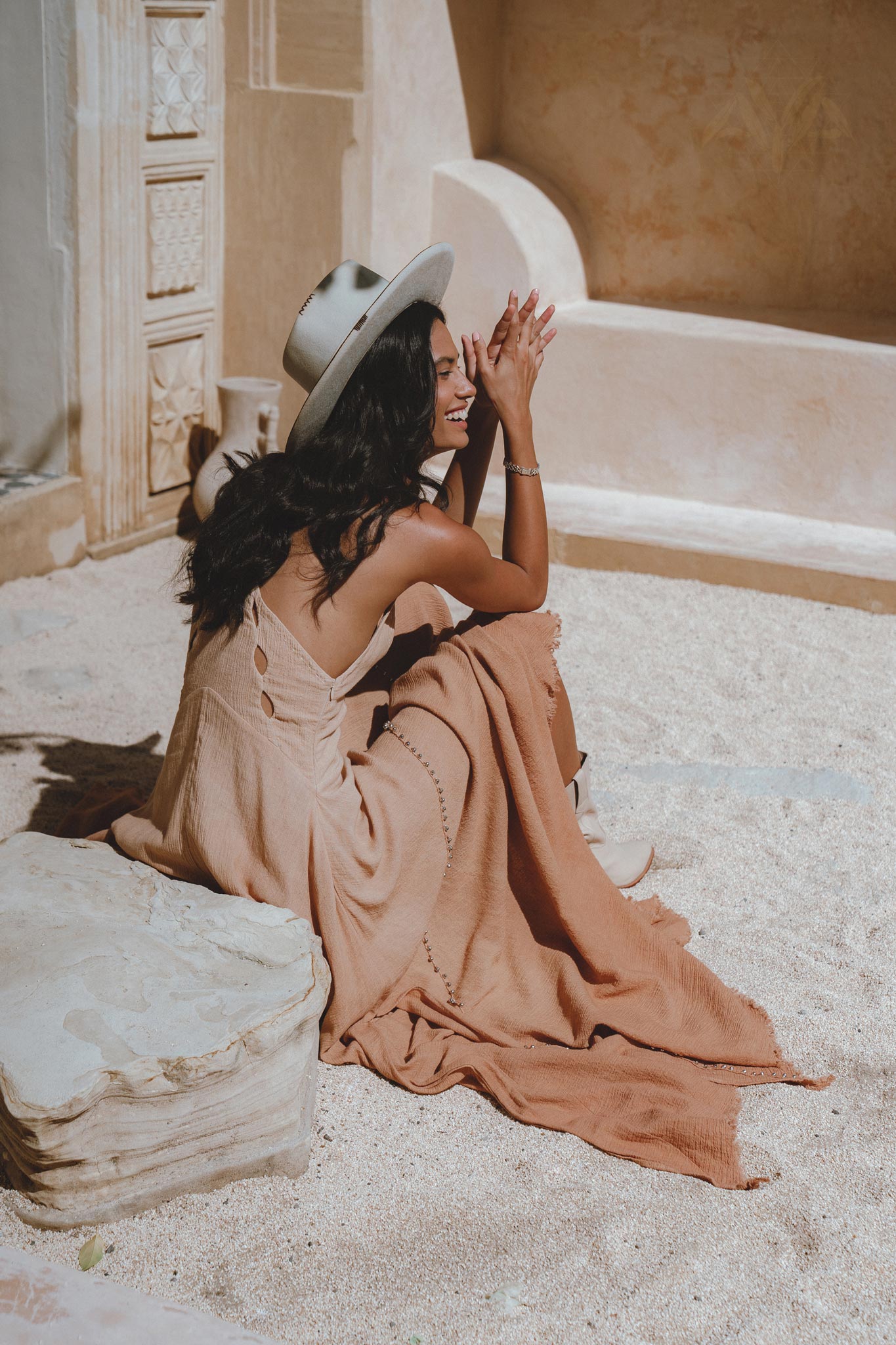 Powder Pink Goddess Dress with Open Neckline – Bohemian Bridesmaid Dress with Bells Inspired by Indian Culture – Organic Handwoven Cotton.