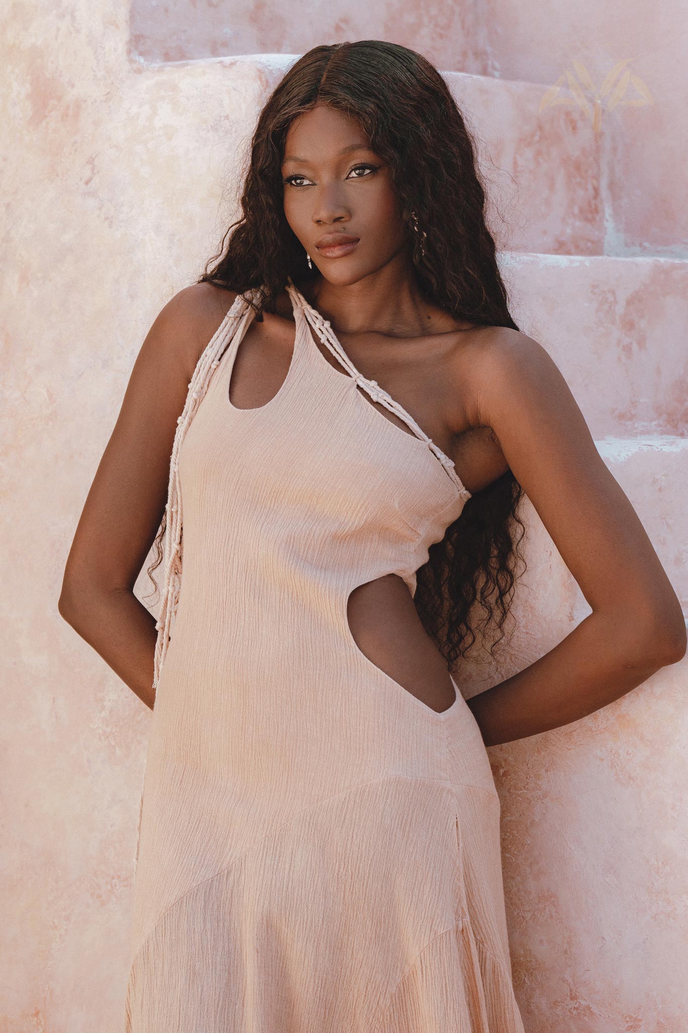 Unique Powder Pink Dress with Open Side – Made with Elegant Macrame Techniques and Organic Handwoven Cotton