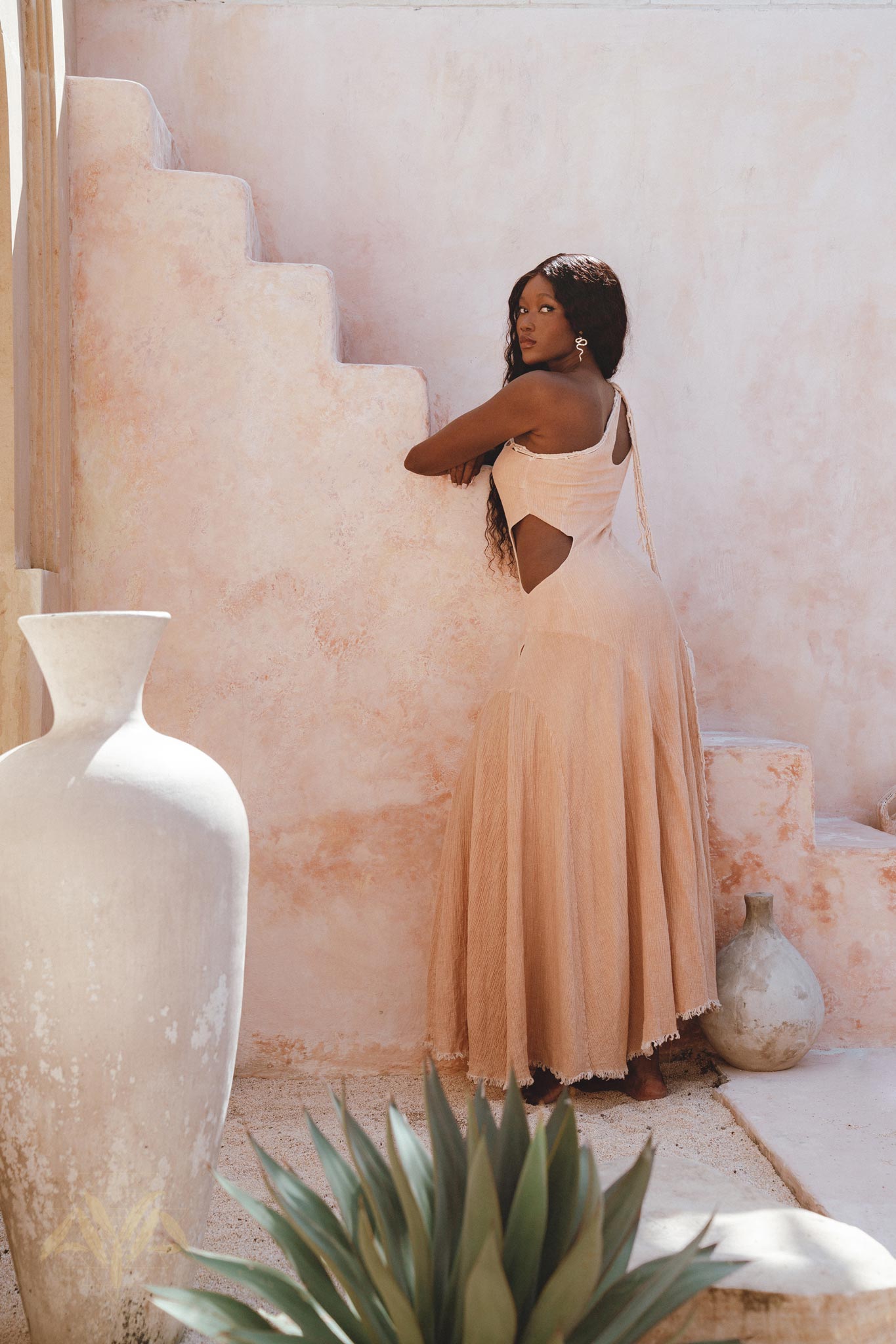 Handwoven Organic Cotton Dress – Powder Pink, One Shoulder Maxi Style with Boho Macrame Decoration