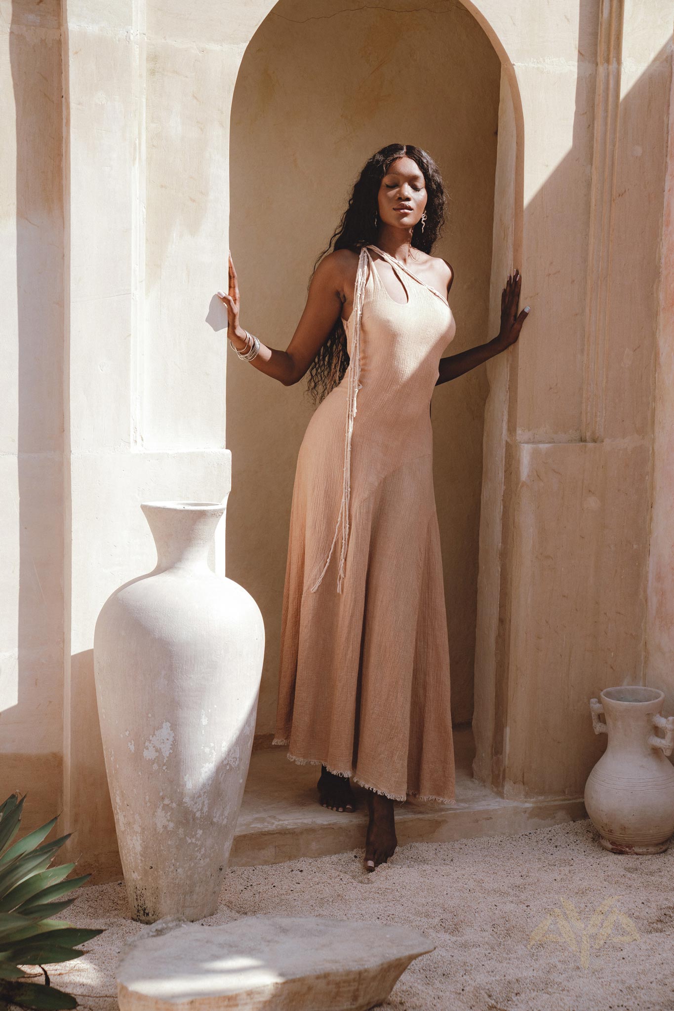 Powder Pink One Shoulder Maxi Dress with Asymmetrical Cut – Made from Unique Handwoven Organic Cotton with Macrame Details