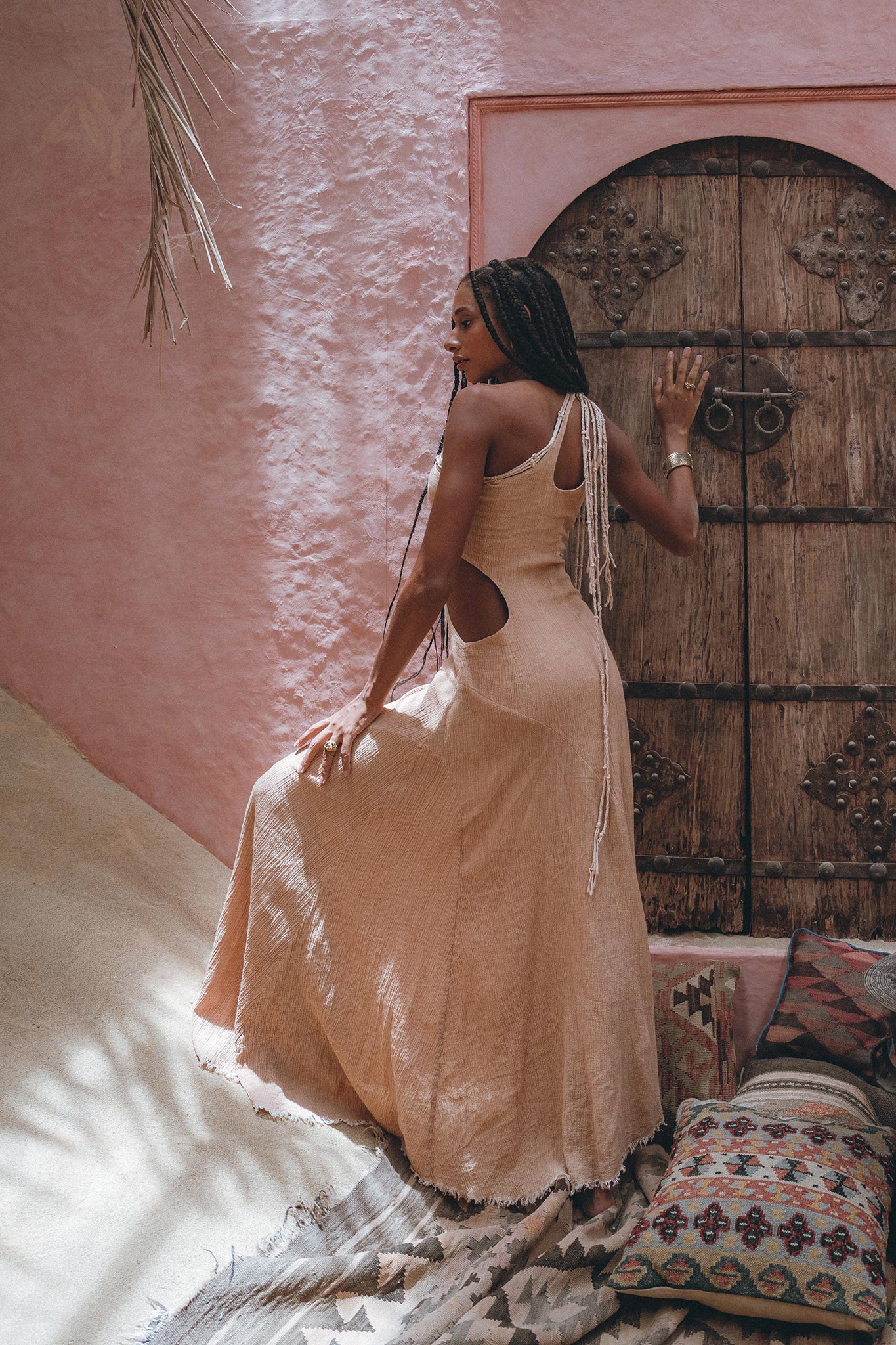 Boho Macrame Toga Dress in Powder Pink – Asymmetrical Sexy Summer Dress with Adjustable Shoulder Strap