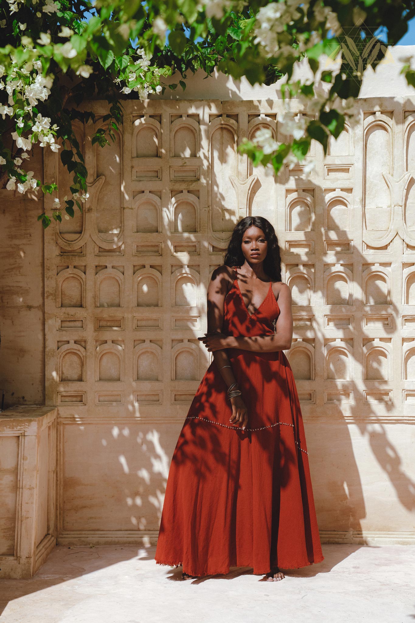 Red Wine Goddess Summer Dress: Open shoulder design, decorated with hand-embroidered bust and bells, inspired by the belief in attracting all that is good.