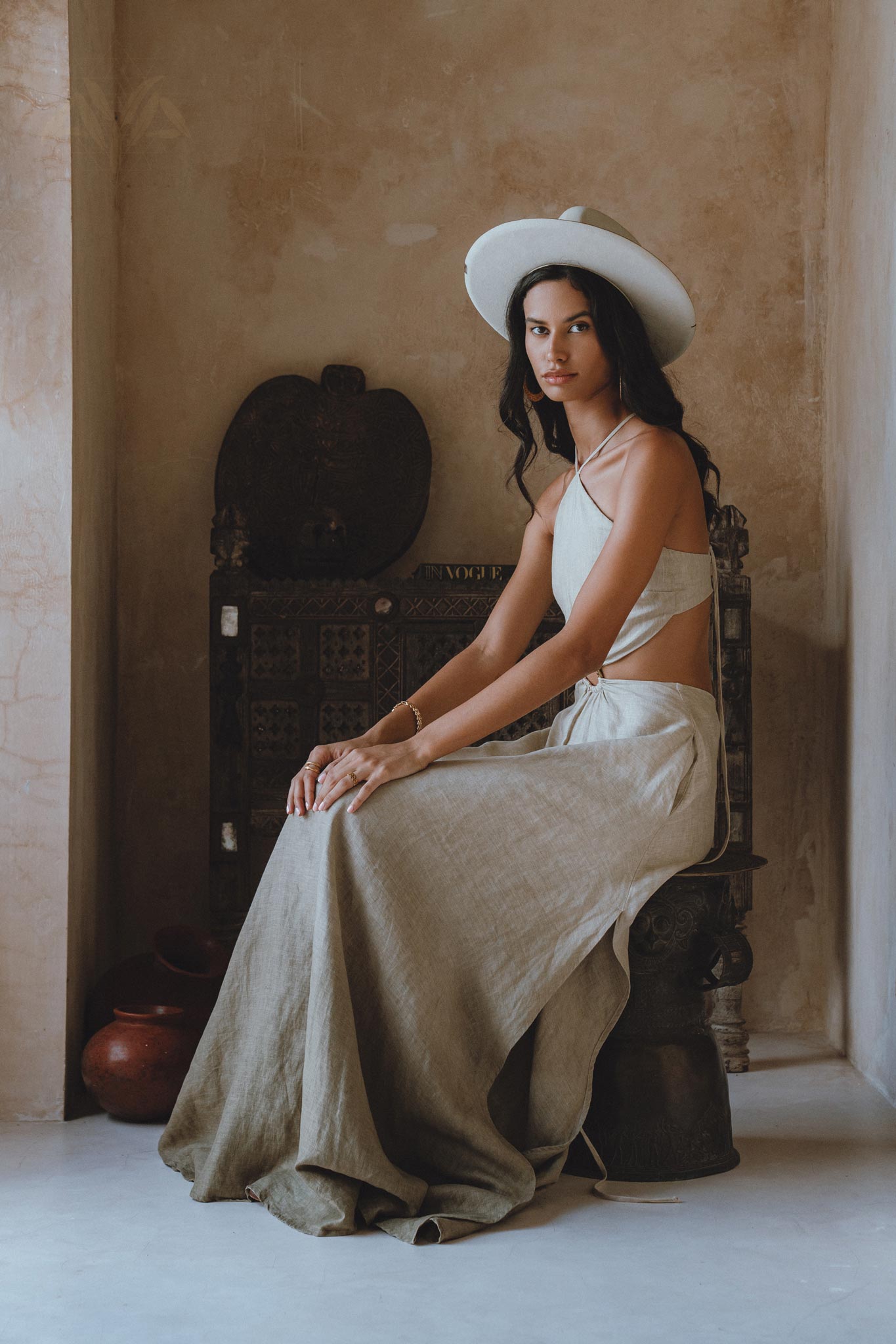 Sage Green Goddess Maxi Dress with Bohemian flair - Open sides, Grey Greek style, made from breathable handwoven linen with a unique ombré effect.