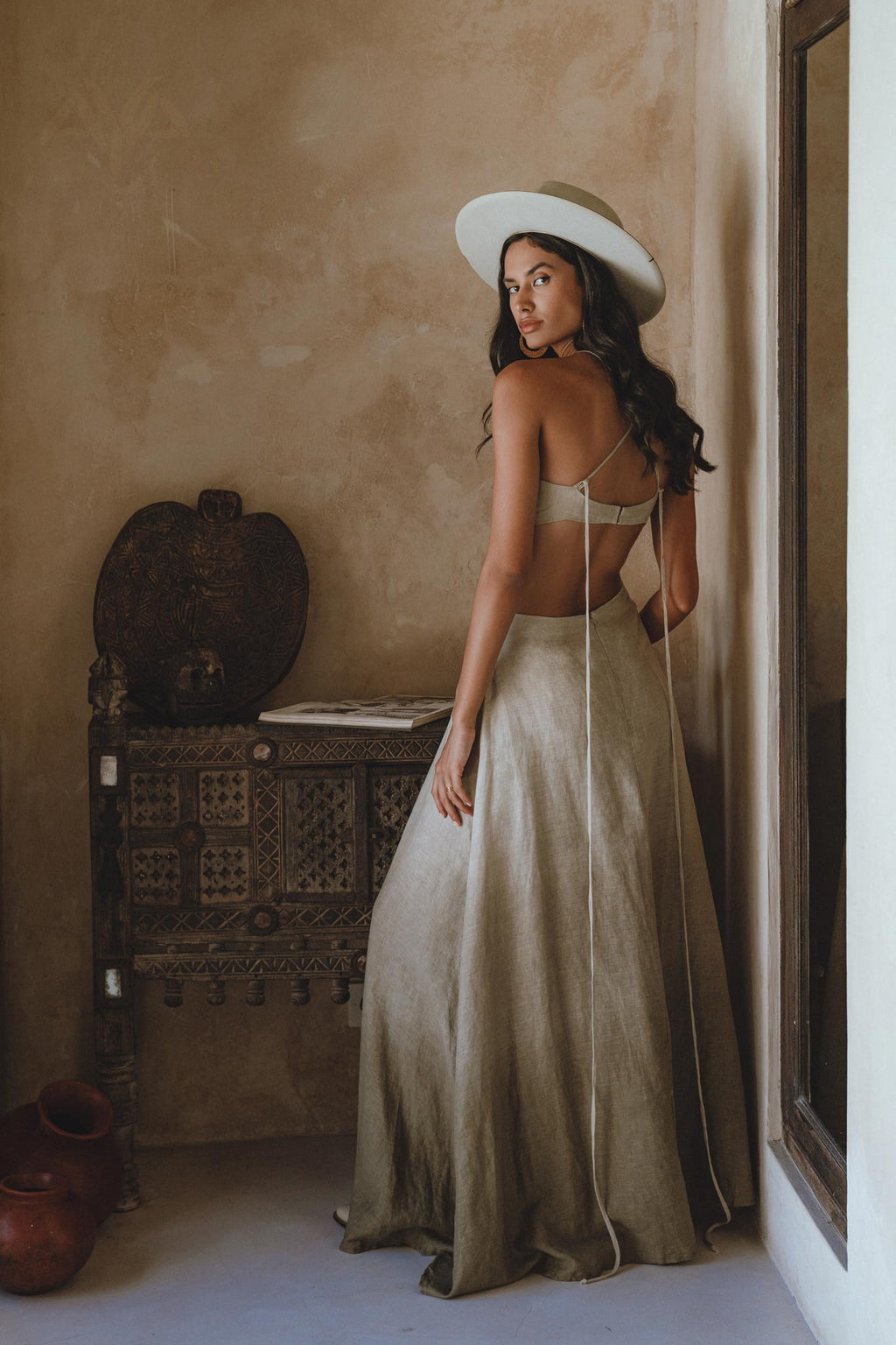 Grey Greek Bridesmaid Ring Dress with open sides - Organic handwoven linen, elegantly dyed using organic botanicals, for a unique Sage Green look.