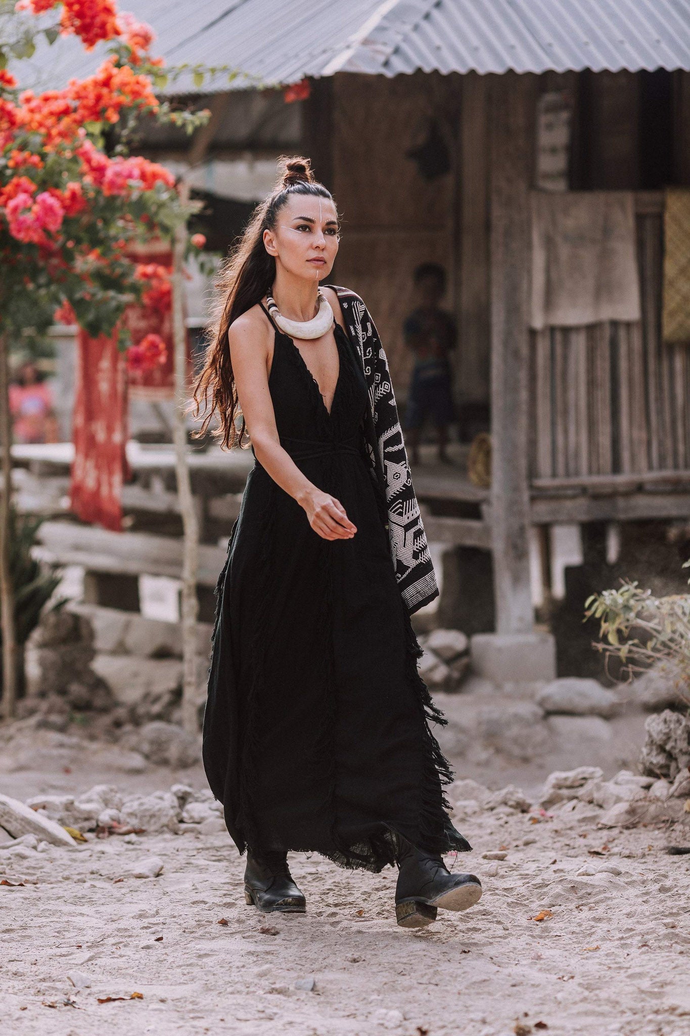 Black Cotton Boho Maxi Dress with Hand Loomed Tassels - AYA Sacred Wear
