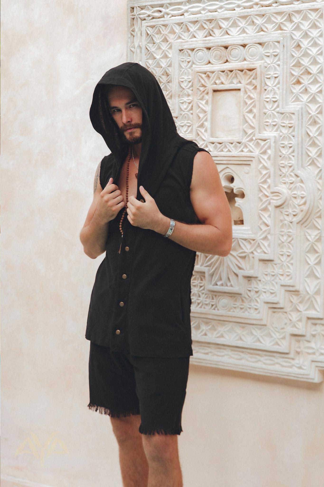Black Handwoven Cotton Shorts for Men by AYA Sacred Wear