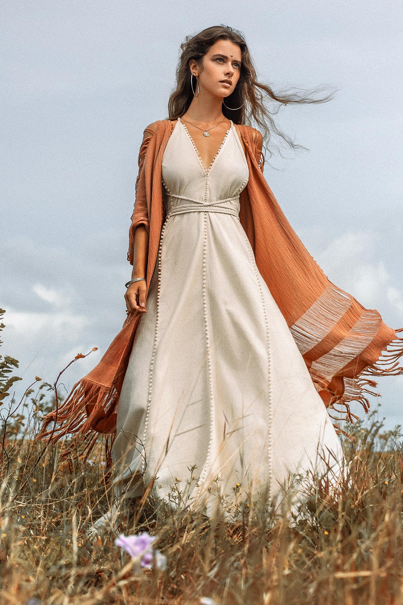 Off-White Boho Beach Wedding Dress, Bohemian Homespun Cotton Dress - AYA Sacred Wear