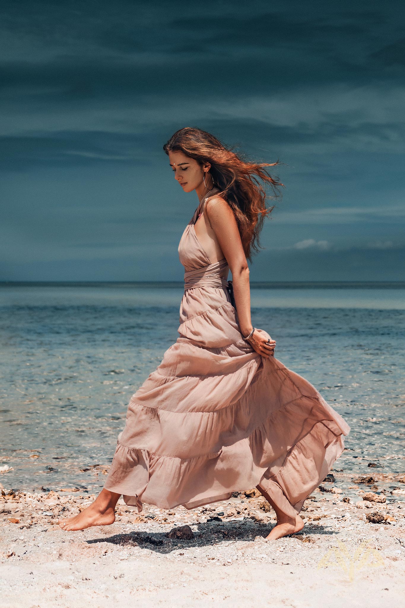 Dusty Pink Bohemian Adjustable Dress, Boho Evening Open Back Belly Dress - AYA Sacred Wear