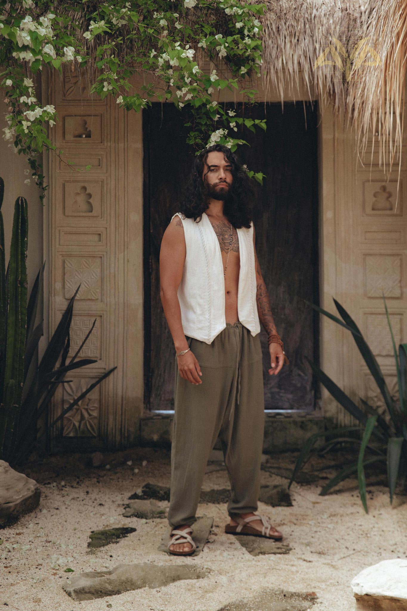 Off-White Hand Embroidered Vest for Men by AYA Sacred Wear