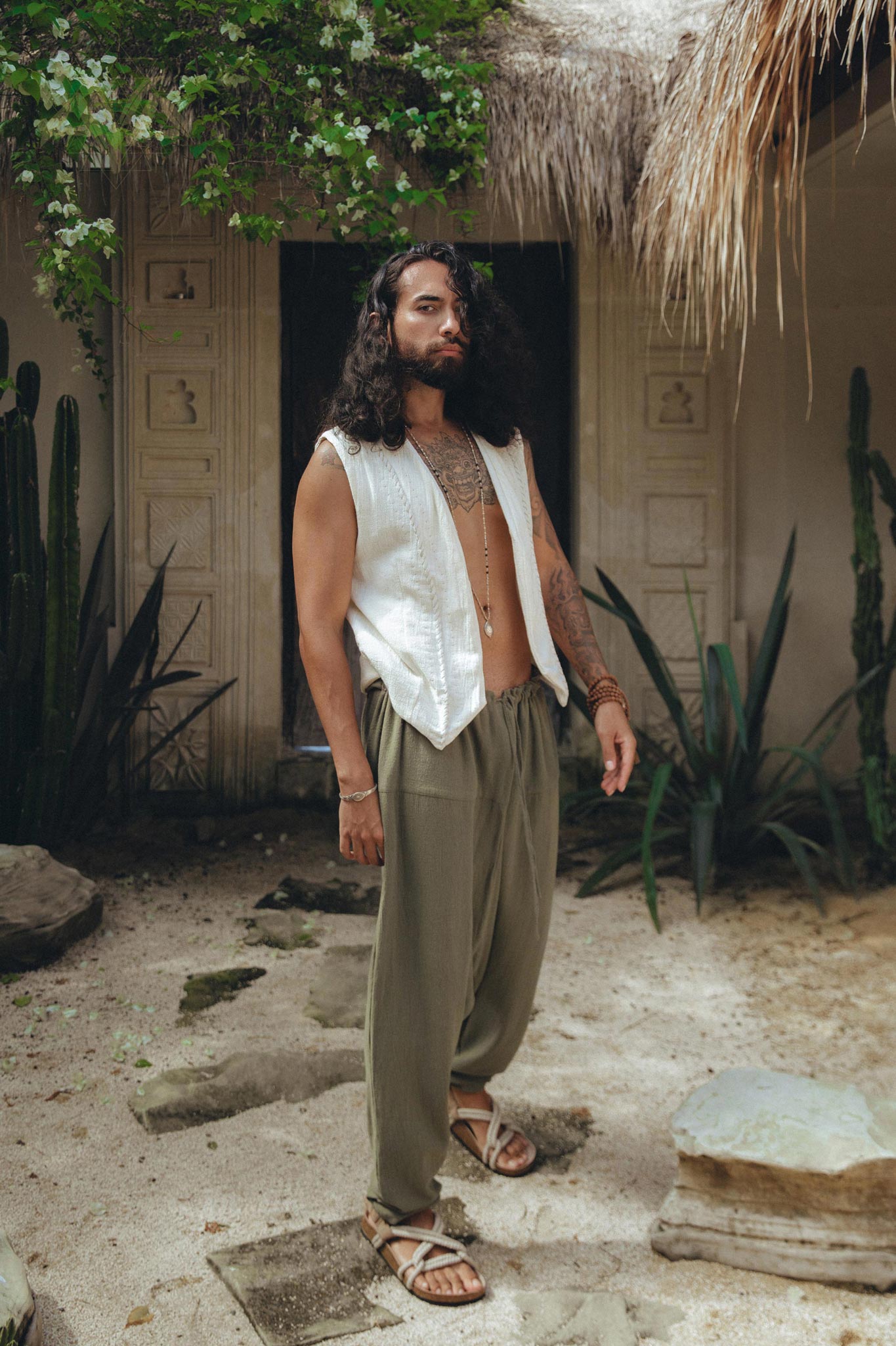 Off-White Hand Embroidered Vest for Men by AYA Sacred Wear