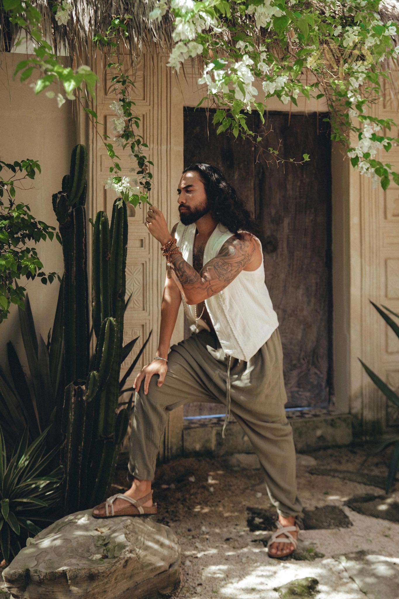 Off-White Hand Embroidered Vest for Men by AYA Sacred Wear