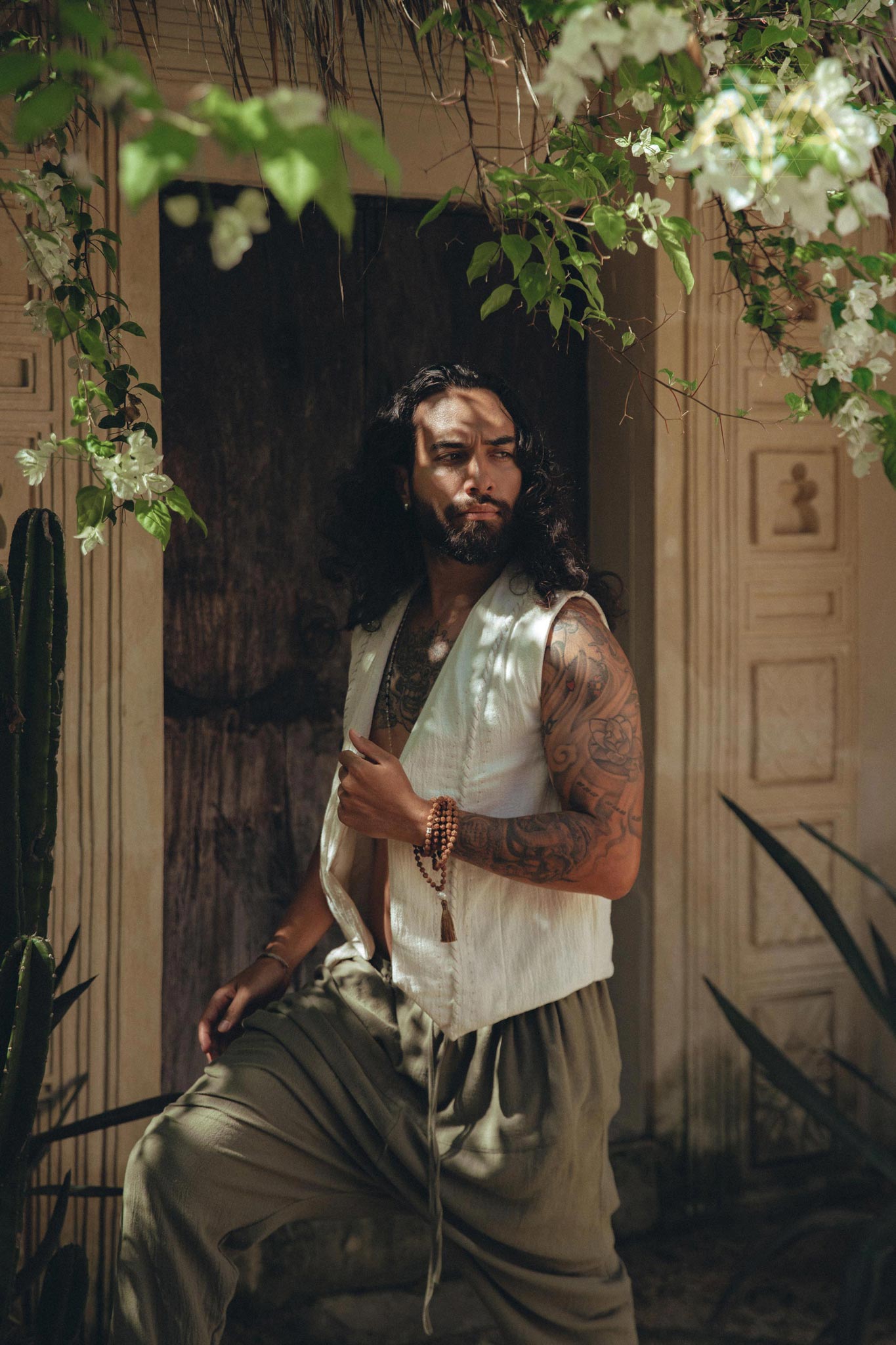 Off-White Hand Embroidered Vest for Men by AYA Sacred Wear