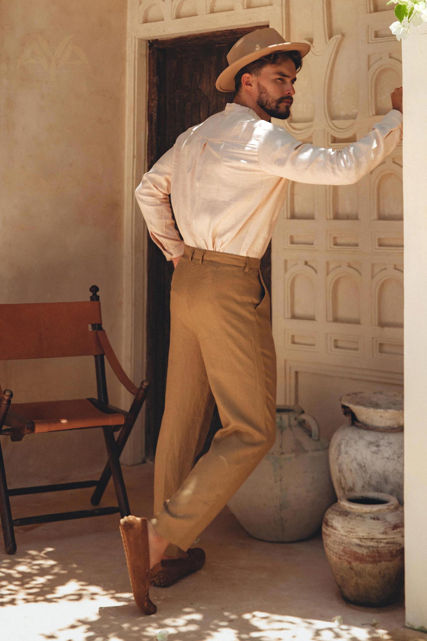 Brown Classic Linen Pants for Men by AYA Sacred Wear