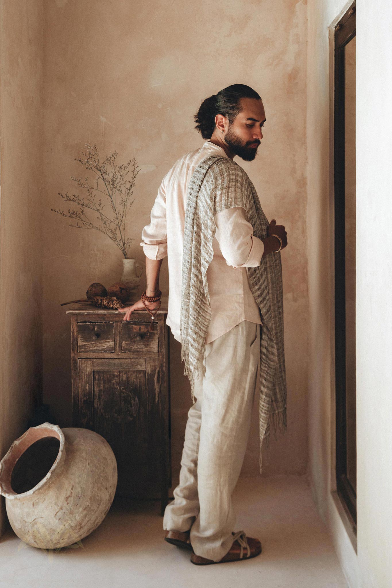 Beige Classic Linen Pants for Men by AYA Sacred Wear
