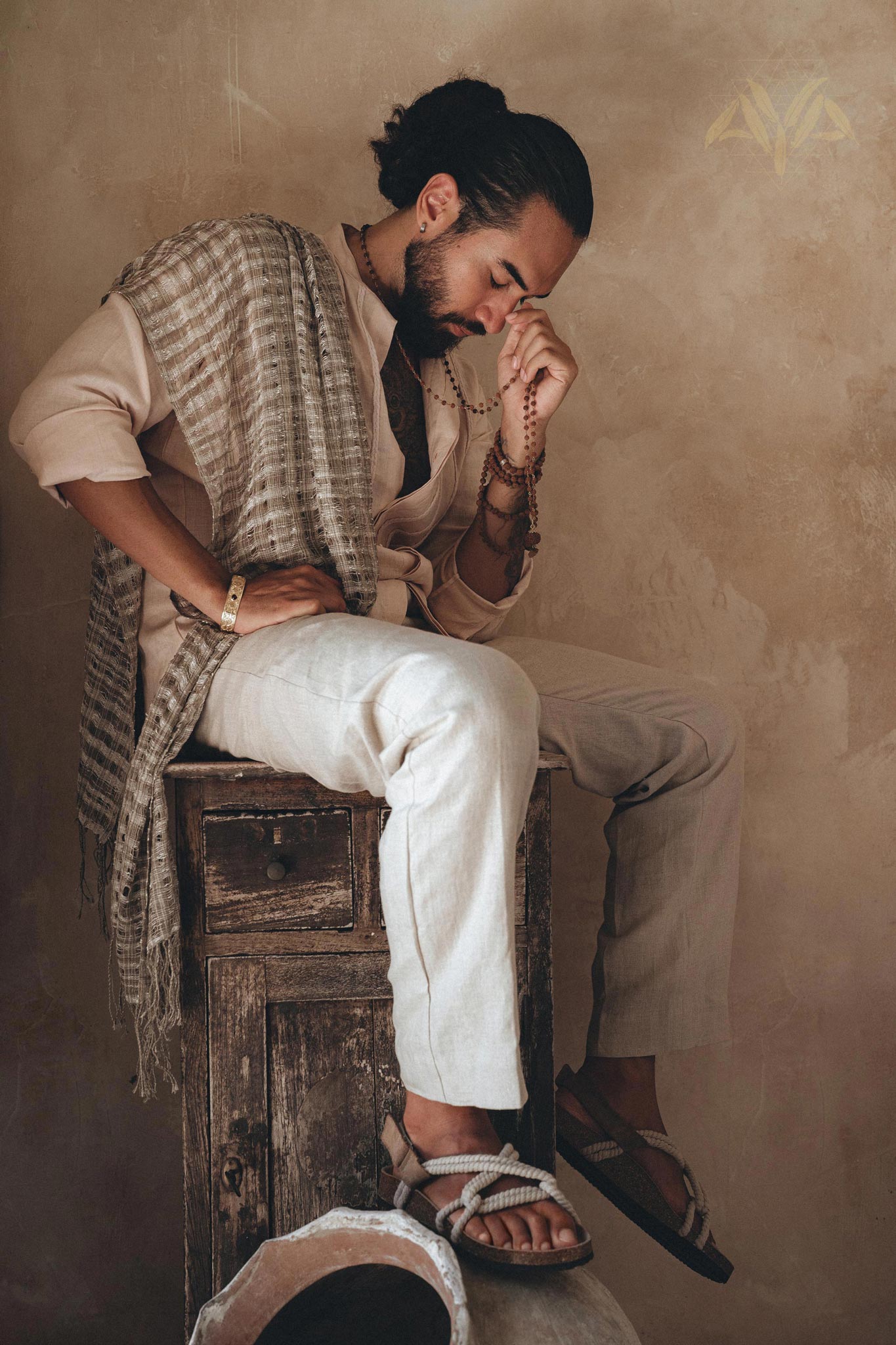 Beige Classic Linen Pants for Men by AYA Sacred Wear