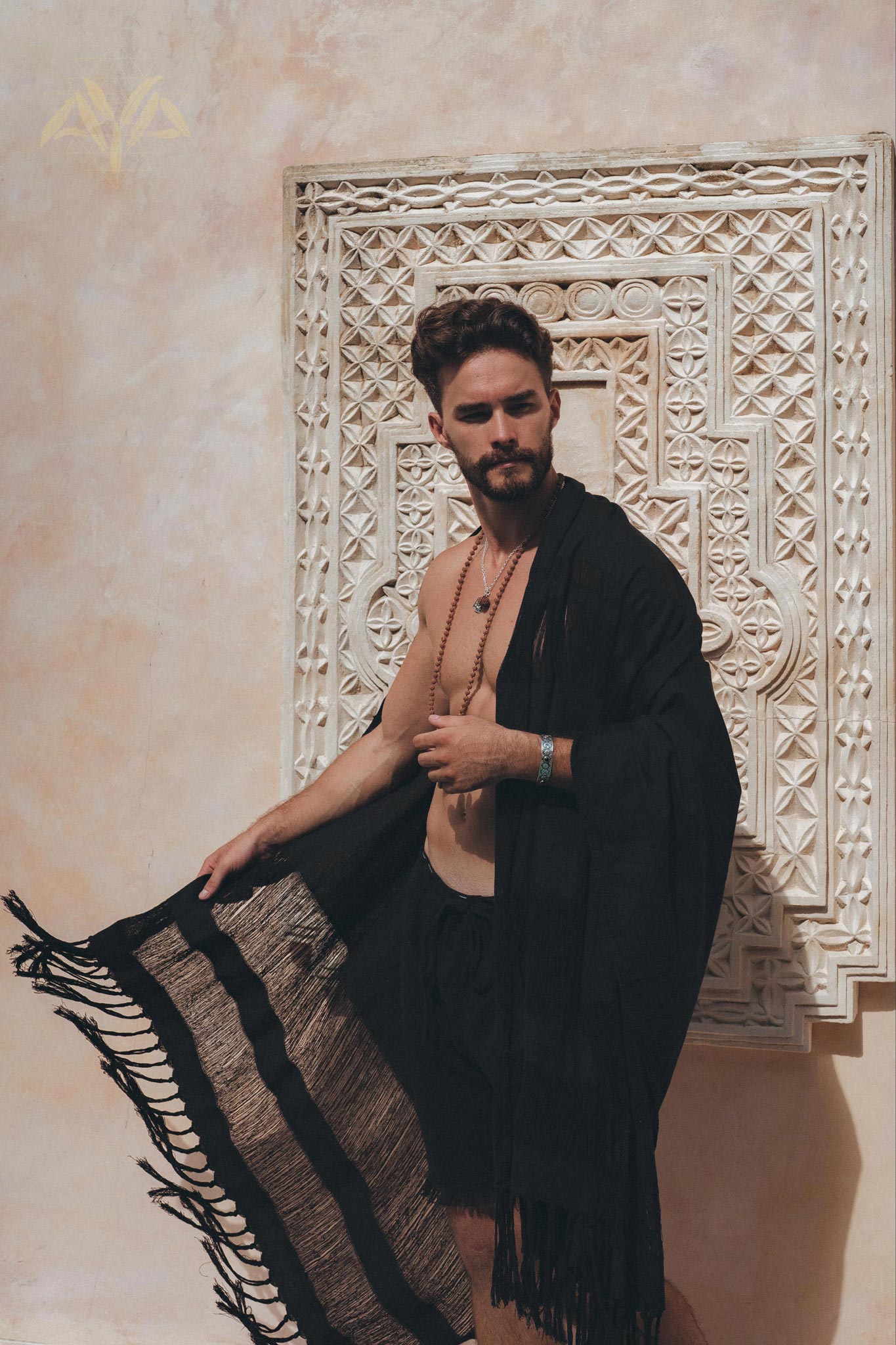 Black Hand Loomed Boho Fringed Sarong Scarf for Men by AYA Sacred Wear