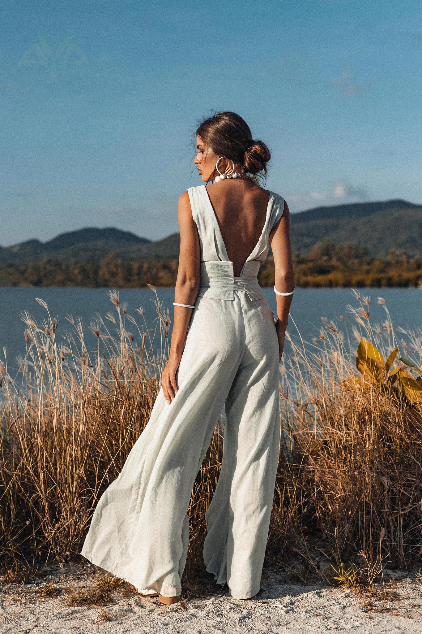 Powder Blue Boho Jumpsuit Women, Peace Silk & Cotton Romper for Women by AYA Sacred Wear