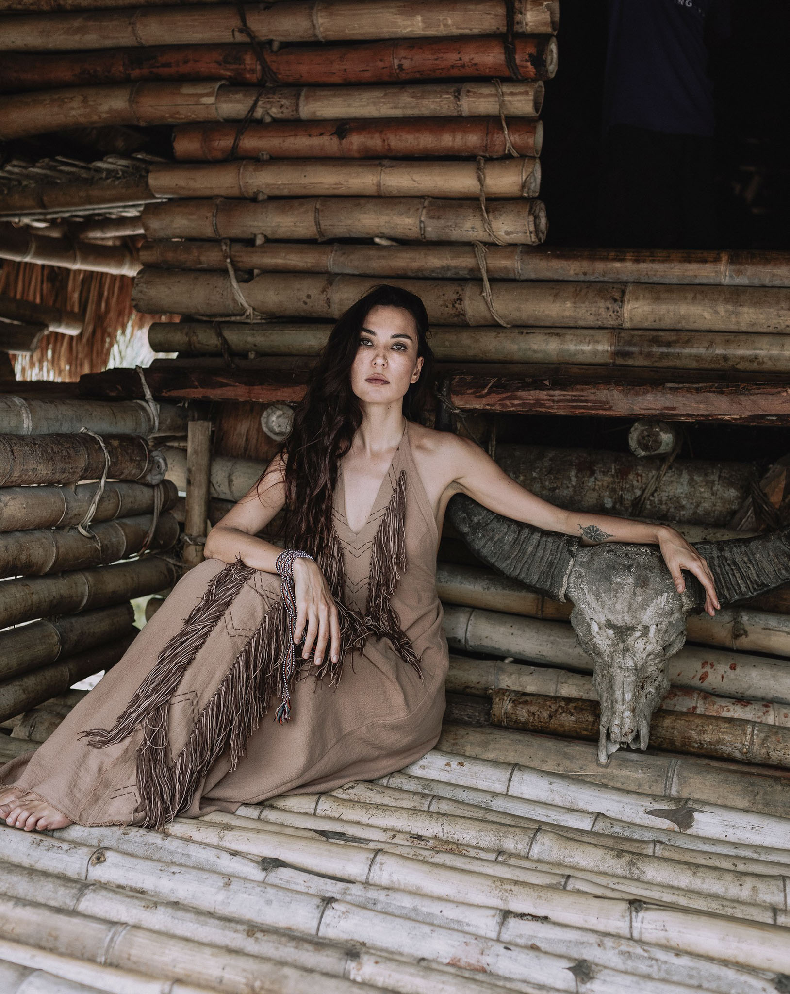 Beige Organic Cotton Bohemian Tribal Maxi Dress with Hand Loomed Tassels - AYA Sacred Wear