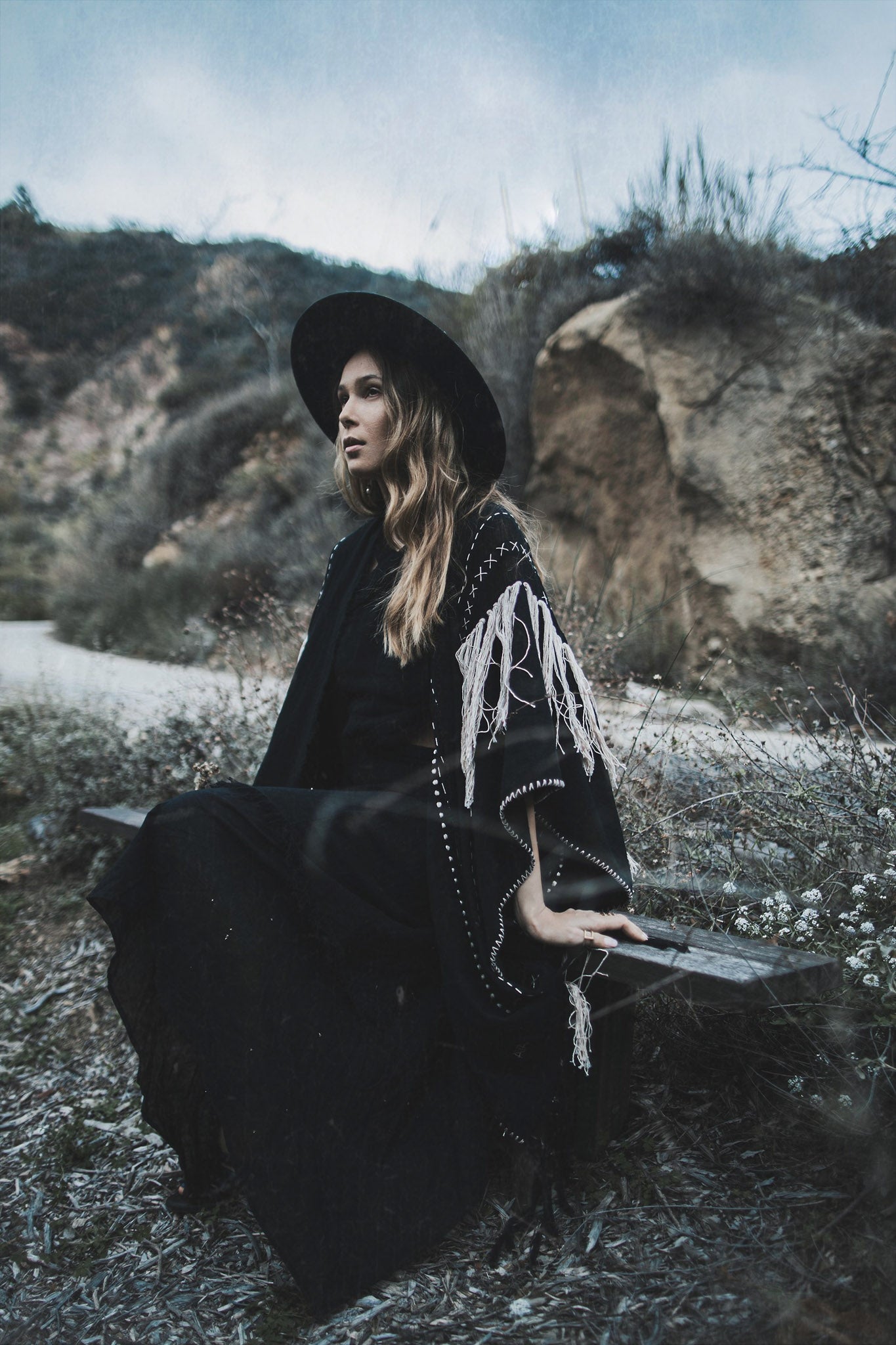 Black Boho Poncho, Hand Stitch Mantel with Hand Loomed Tassels - AYA Sacred Wear