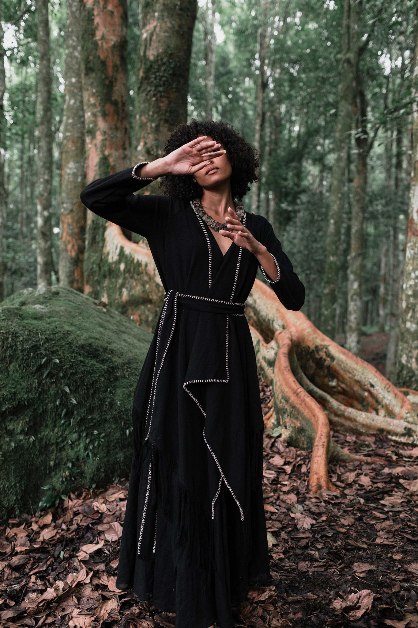 Bohemian Black Cardigan, Black Long Cotton Kimono Robe With Hand Embroidery - AYA Sacred Wear