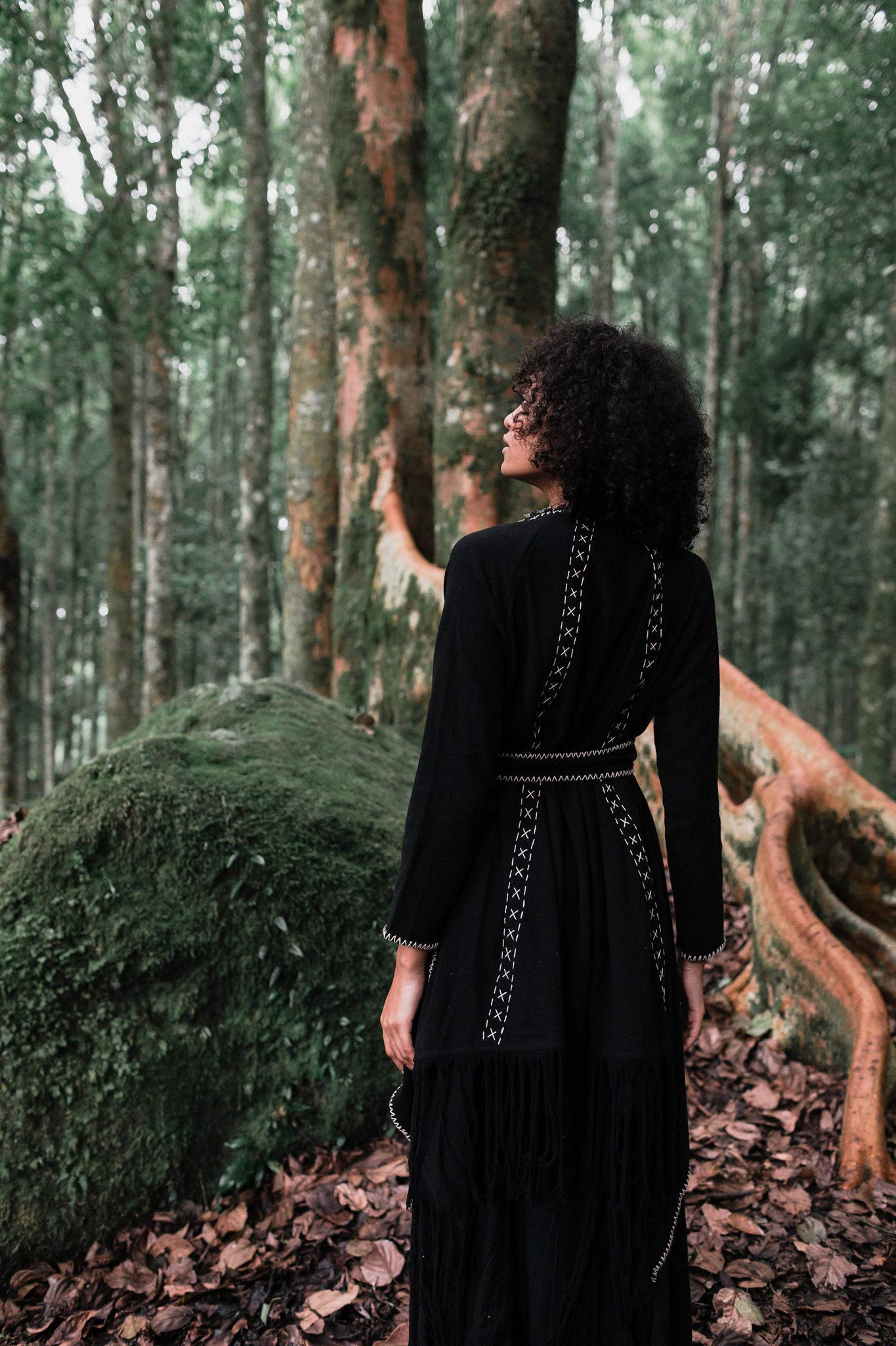 Bohemian Black Cardigan, Black Long Cotton Kimono Robe With Hand Embroidery - AYA Sacred Wear