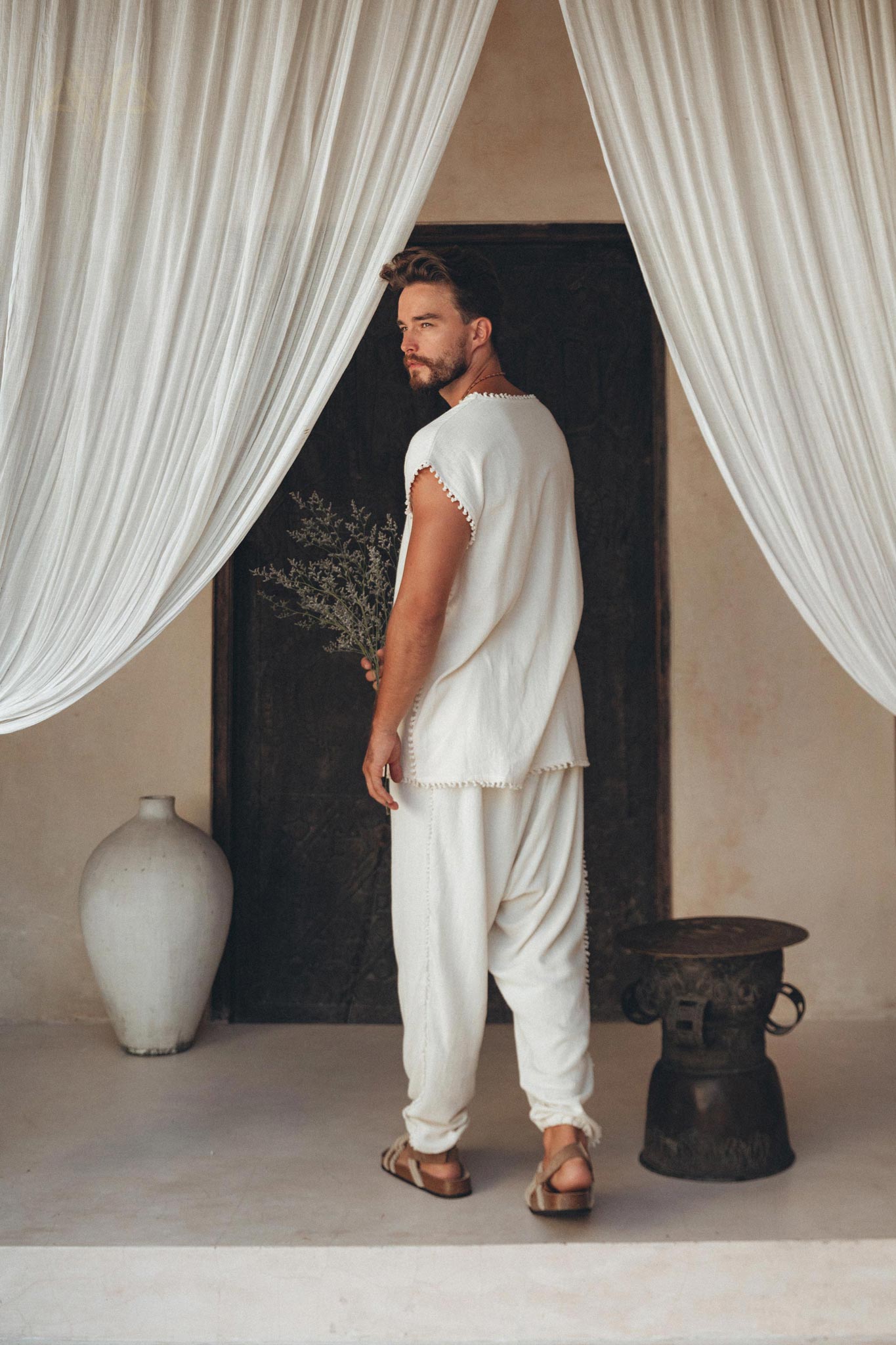 Off-White Handwoven Cotton Pants for Men by AYA Sacred Wear