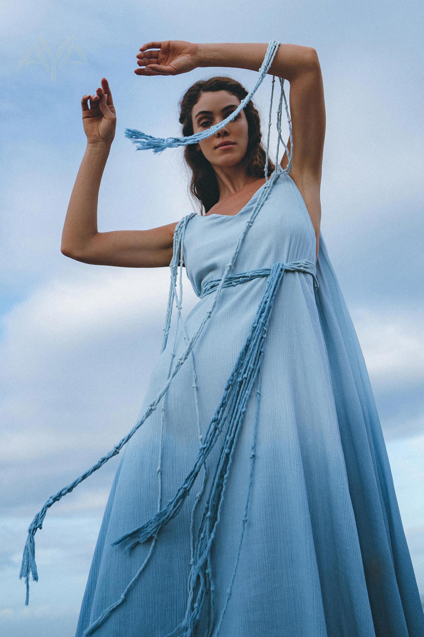 Boho Macrame Bridesmaid Dress, Off-White to Sky Blue Multiway Dress by AYA Sacred Wear