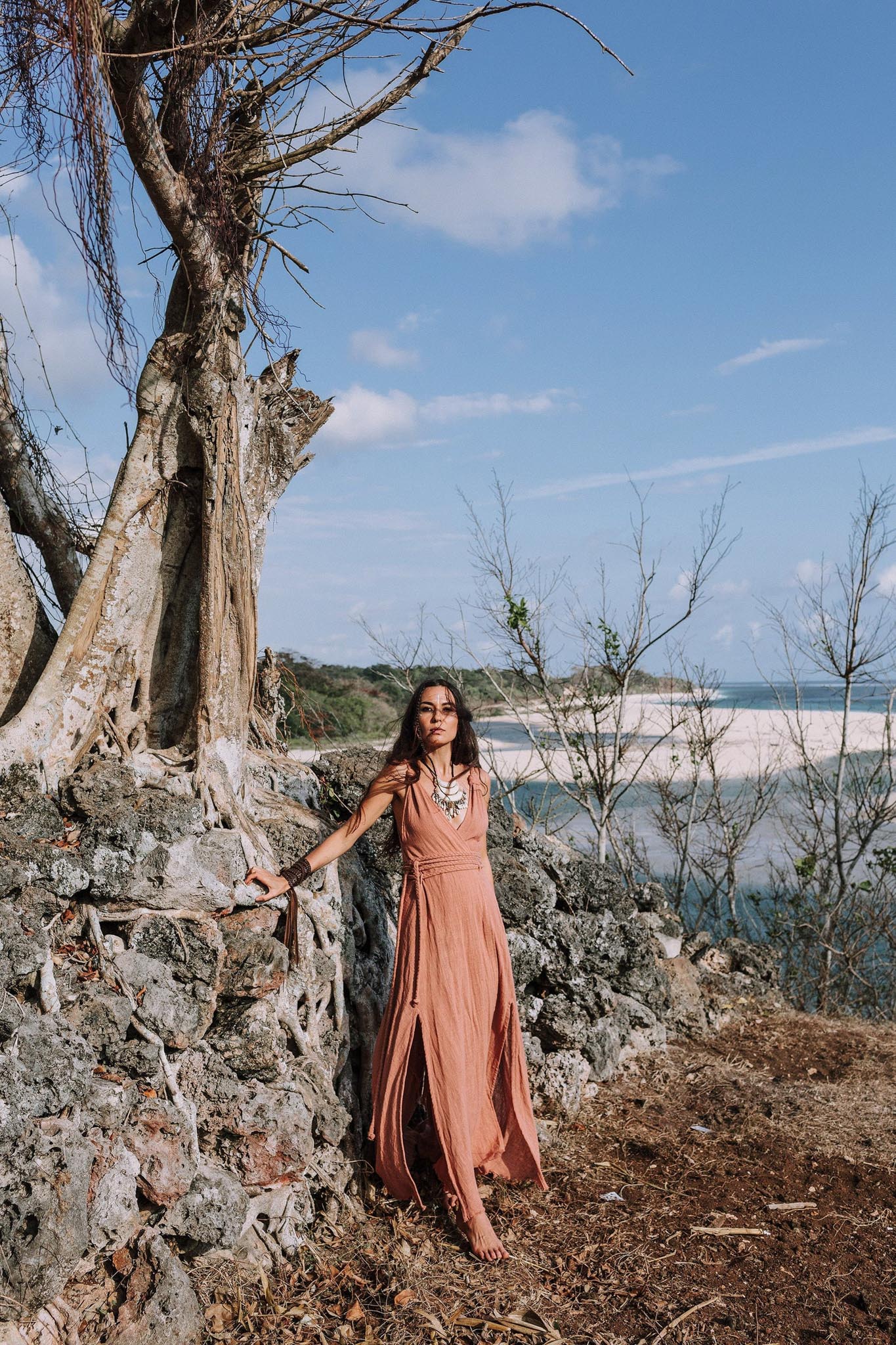 Dusty Pink Organic Bohemian Maxi Bridesmaid Dress with Hand Loomed Threaded Back - AYA Sacred Wear