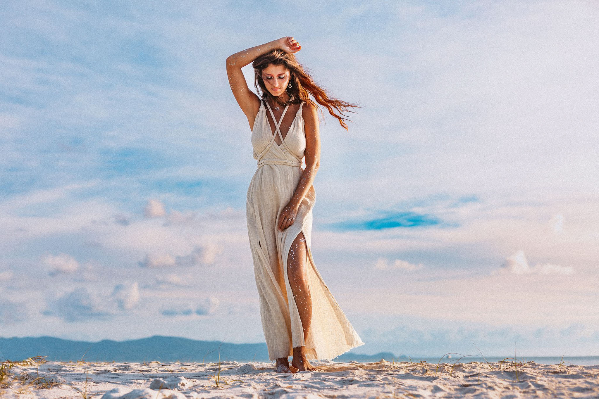 Off-White Handwoven Wrap Maxi Dress with Hand Loomed Back - AYA sacred wear