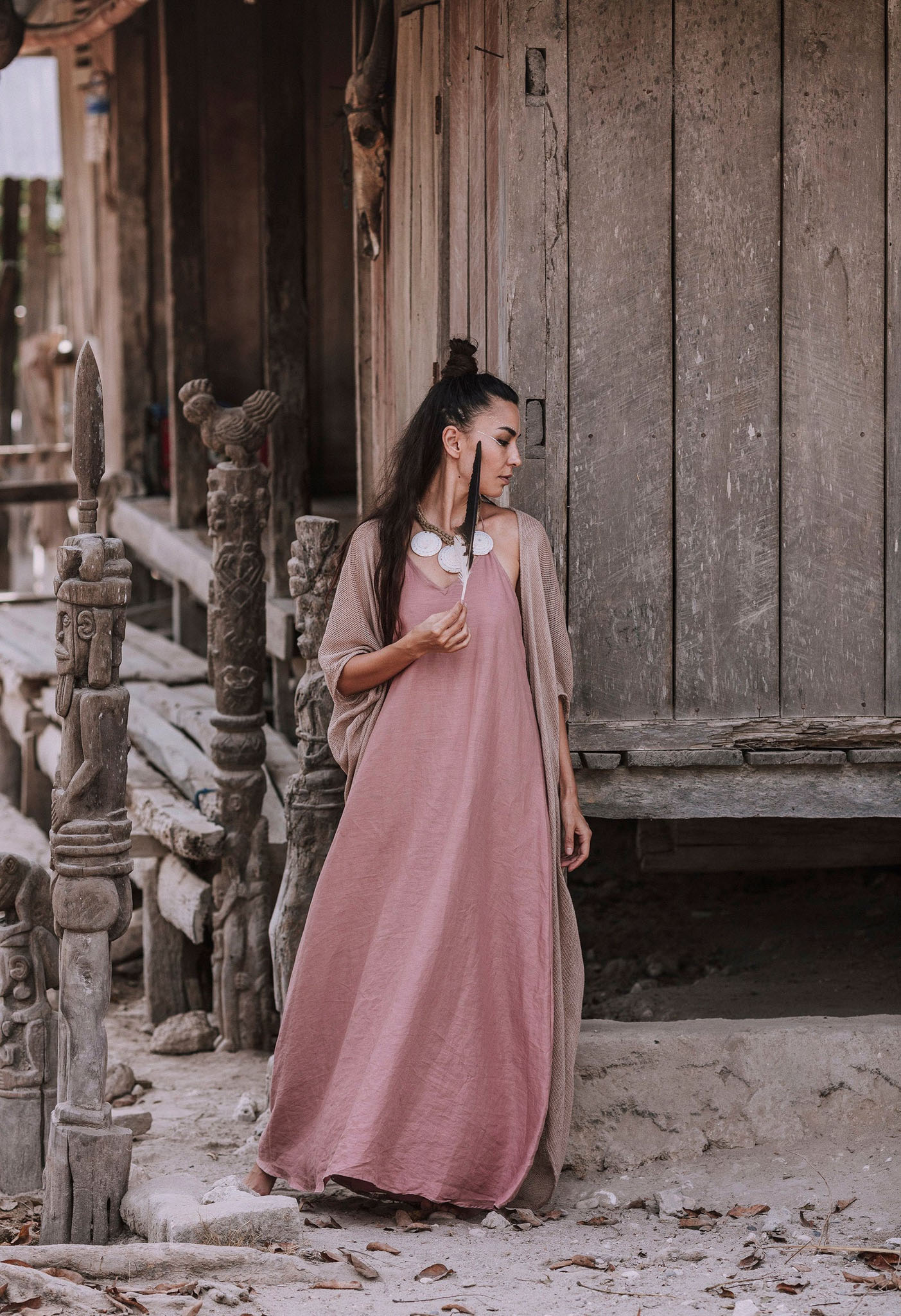 Pink Linen Boho Bridesmaid Slip Dress by AYA Sacred Wear
