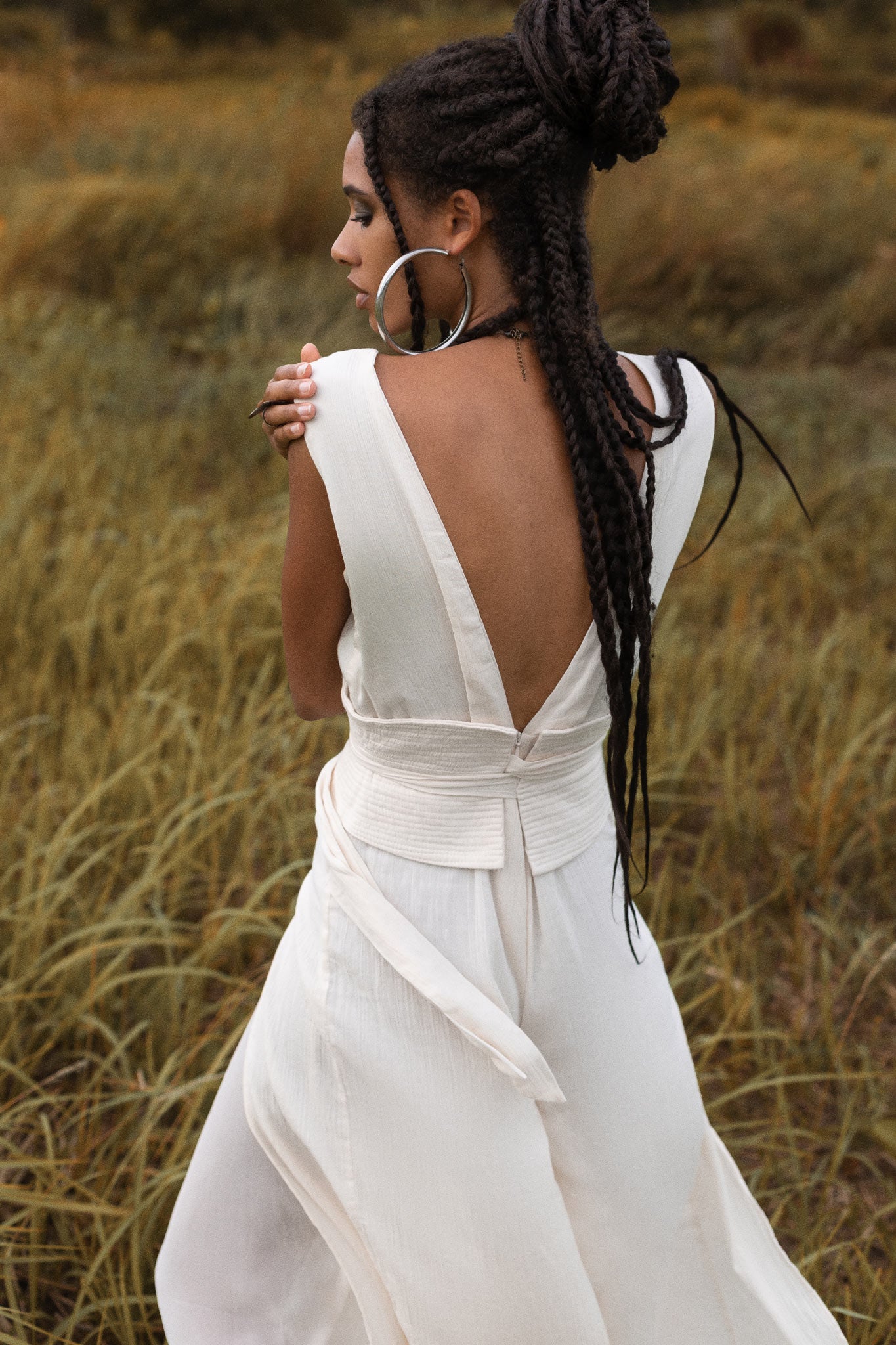 Off white boho jumpsuit for women, made with silk and cotton with a V cut open back