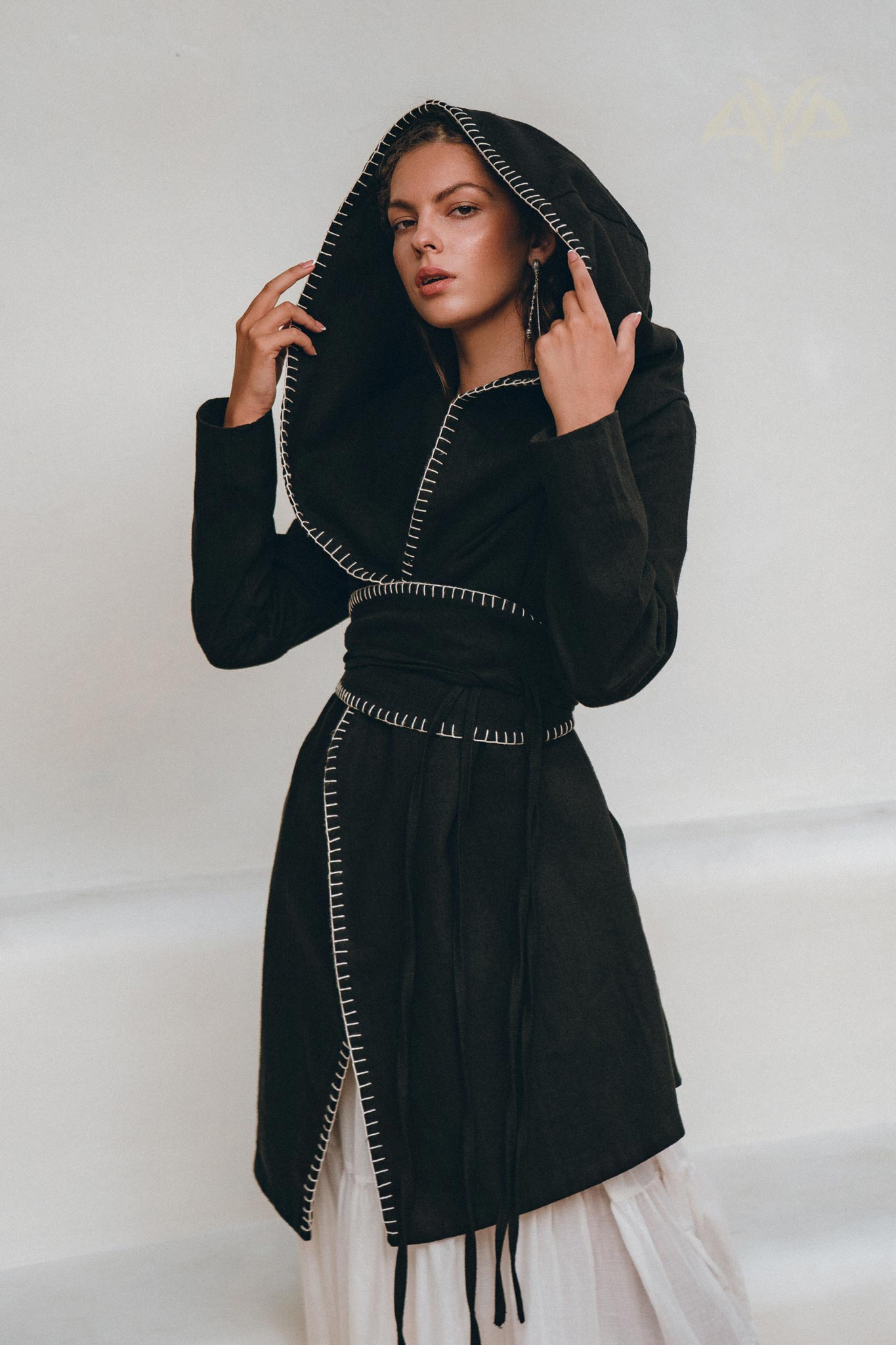 Boho Hoody Cardigan for Women, Black Boho Overcoat, Belted Wrap Cardigan - AYA Sacred Wear
