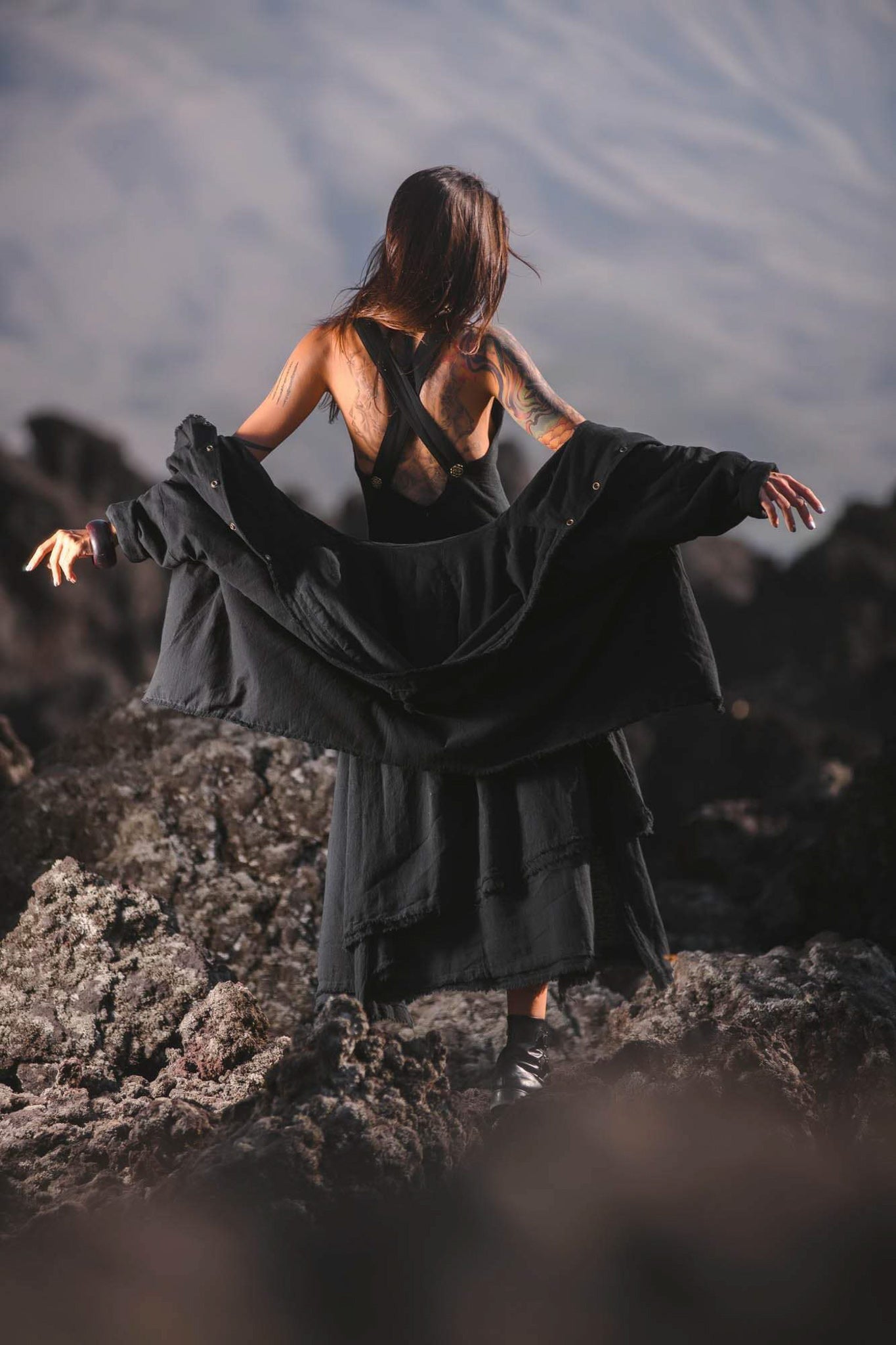Black Boho Asymmetrical Jacket with Hood - AYA Sacred Wear