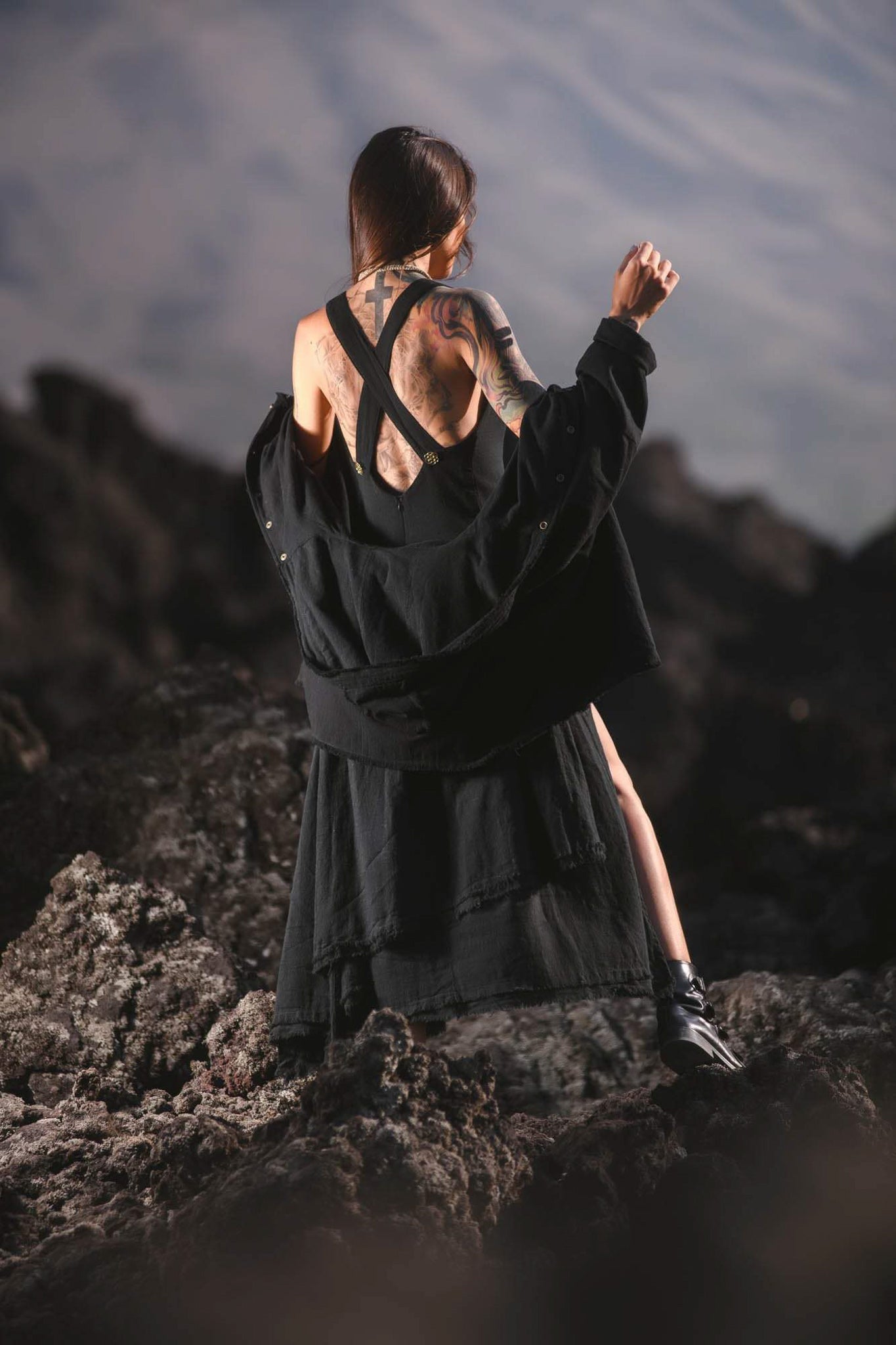 Black Boho Asymmetrical Jacket with Hood - AYA Sacred Wear