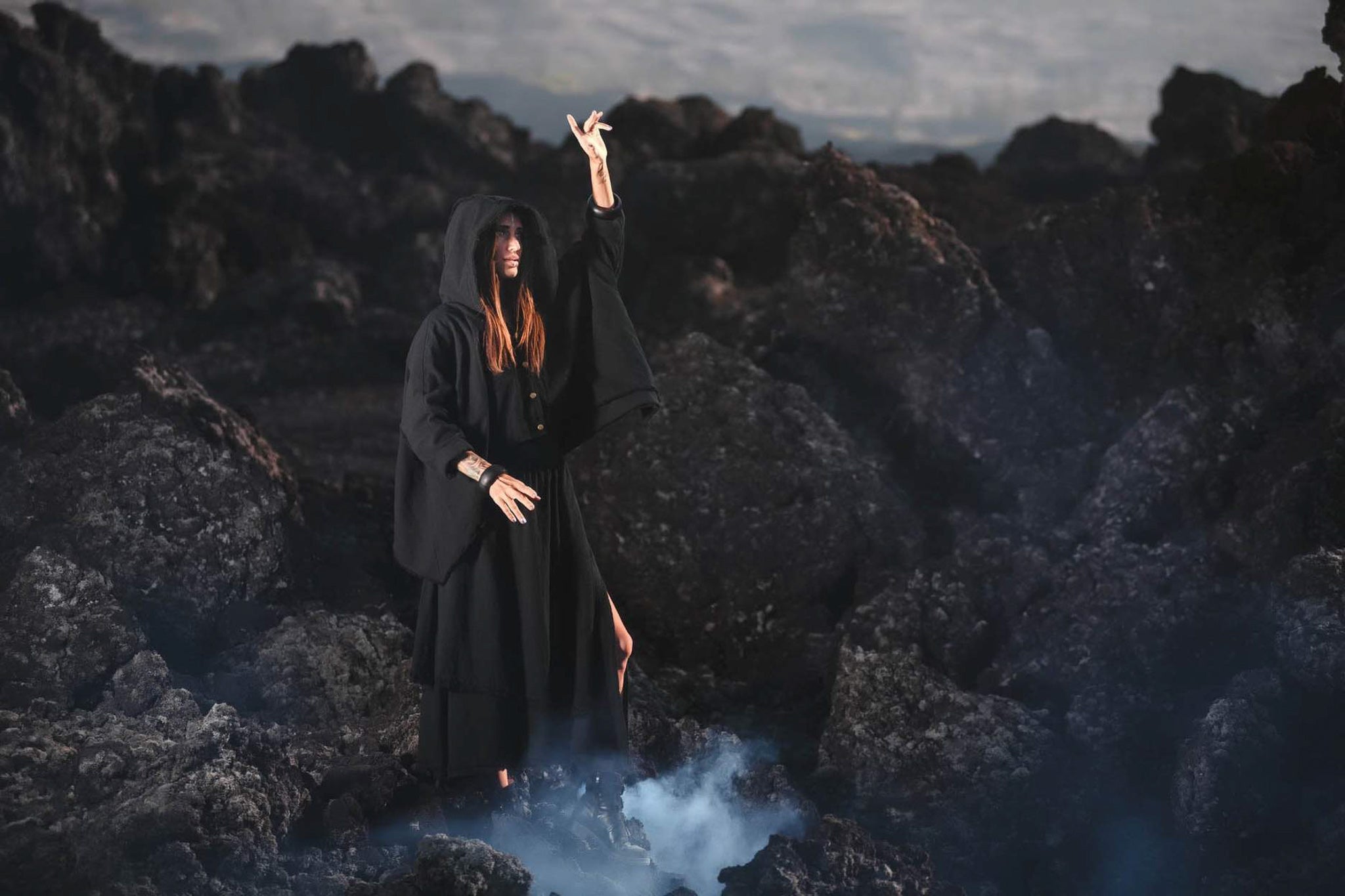 Black Boho Asymmetrical Jacket with Hood - AYA Sacred Wear